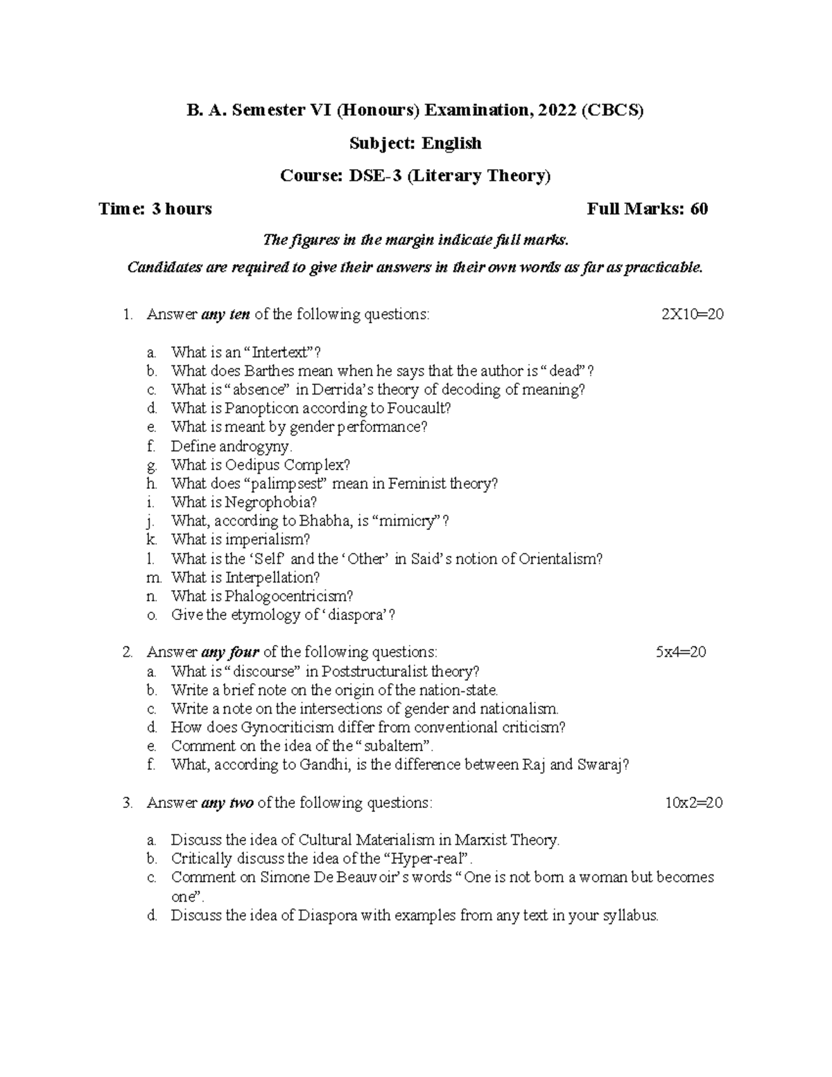 English DSE3 23062022 - Questions Paper - B. A. Semester VI (Honours ...