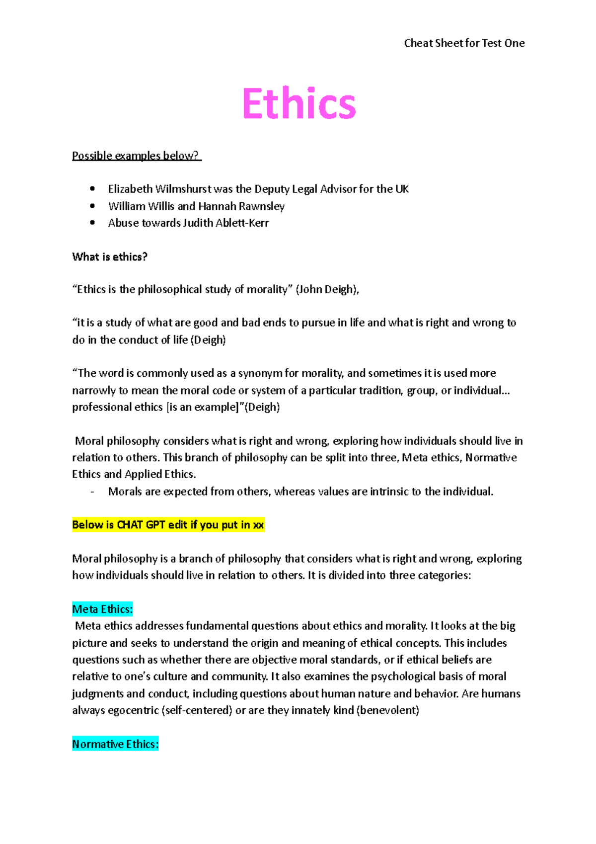Cheat Sheet for ethics test one Ethics Possible examples below