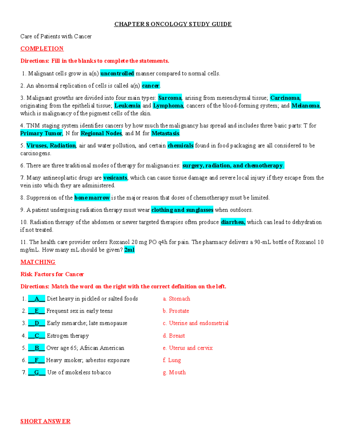 Chapter 8 Study Guide CHAPTER 8 ONCOLOGY STUDY GUIDE Care of Patients