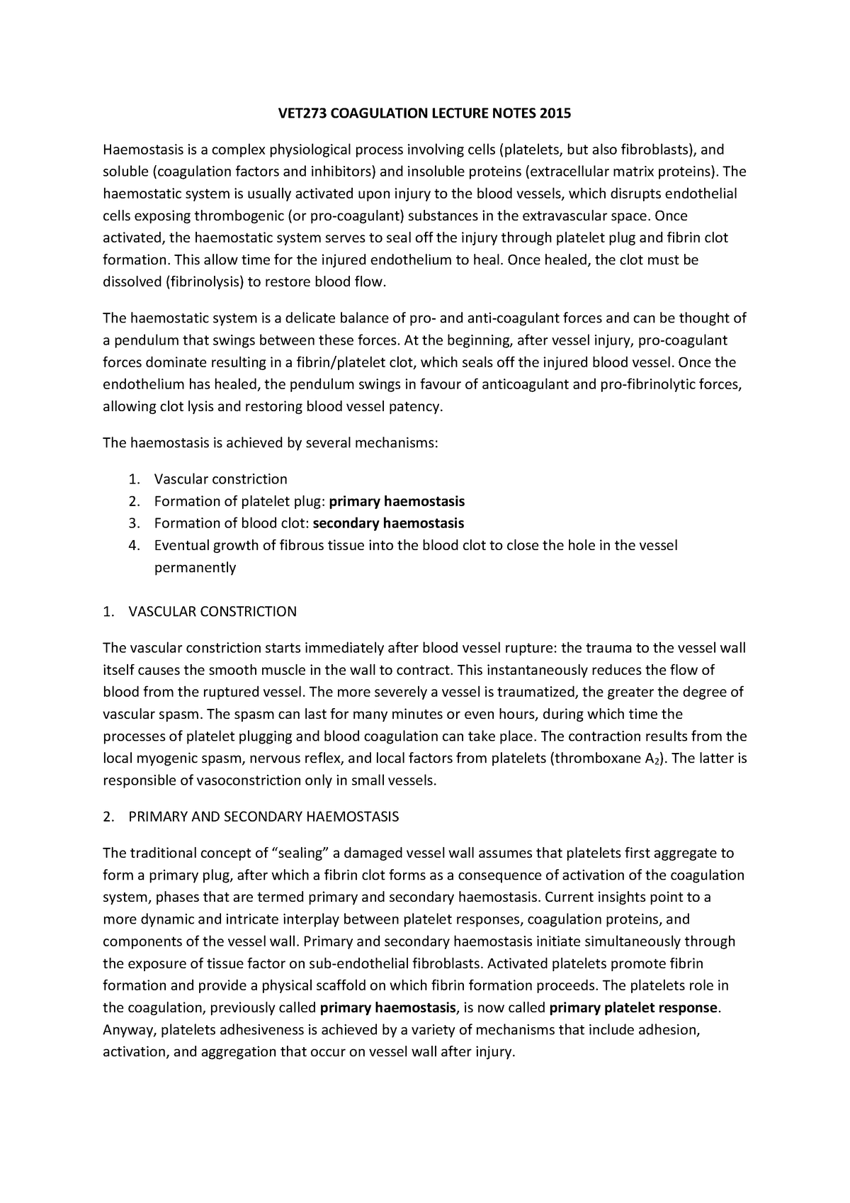 VET273 Physiology of haemostasis Lecture Notes - VET273 - Murdoch - Studocu