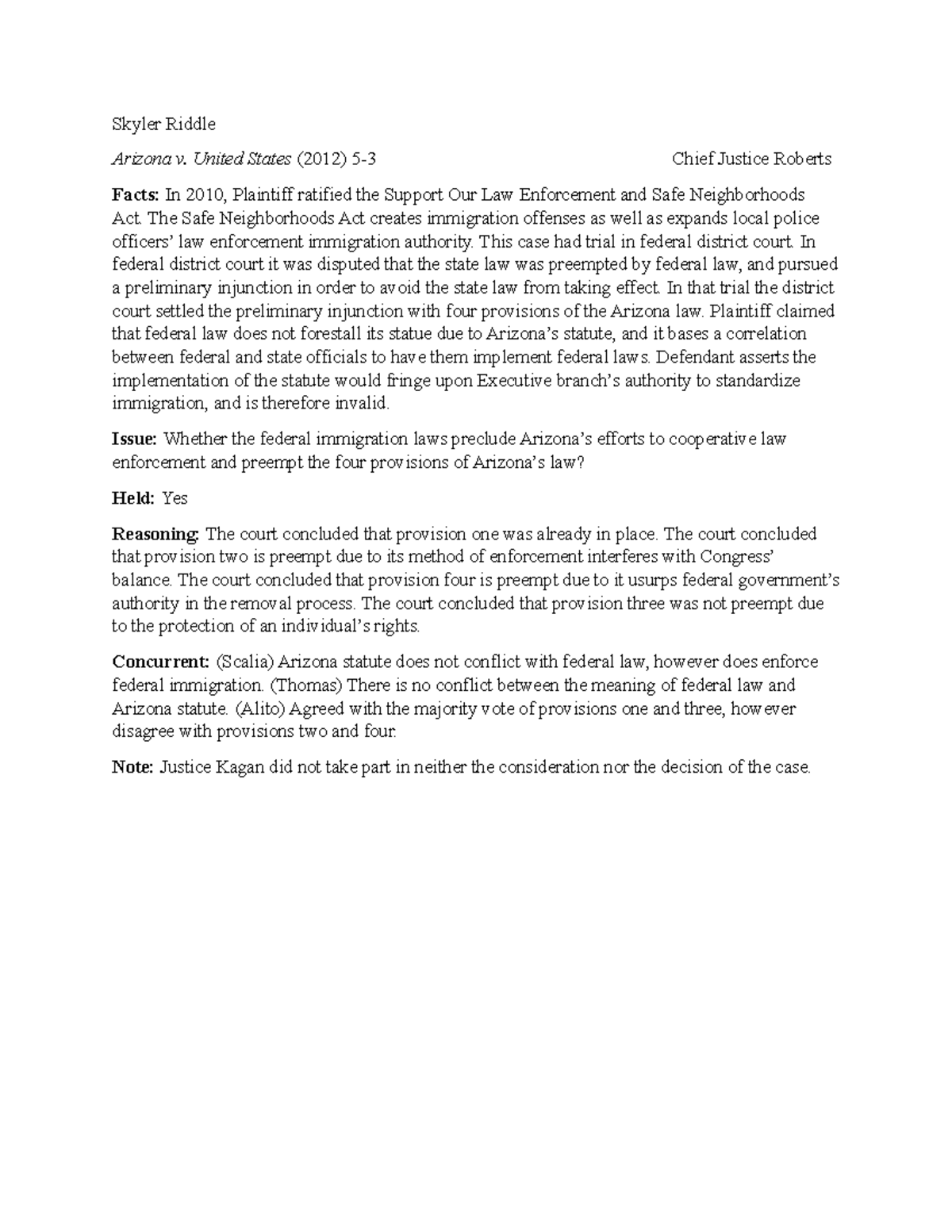 Arizona v. United States Skyler Riddle Arizona v. United States (2012