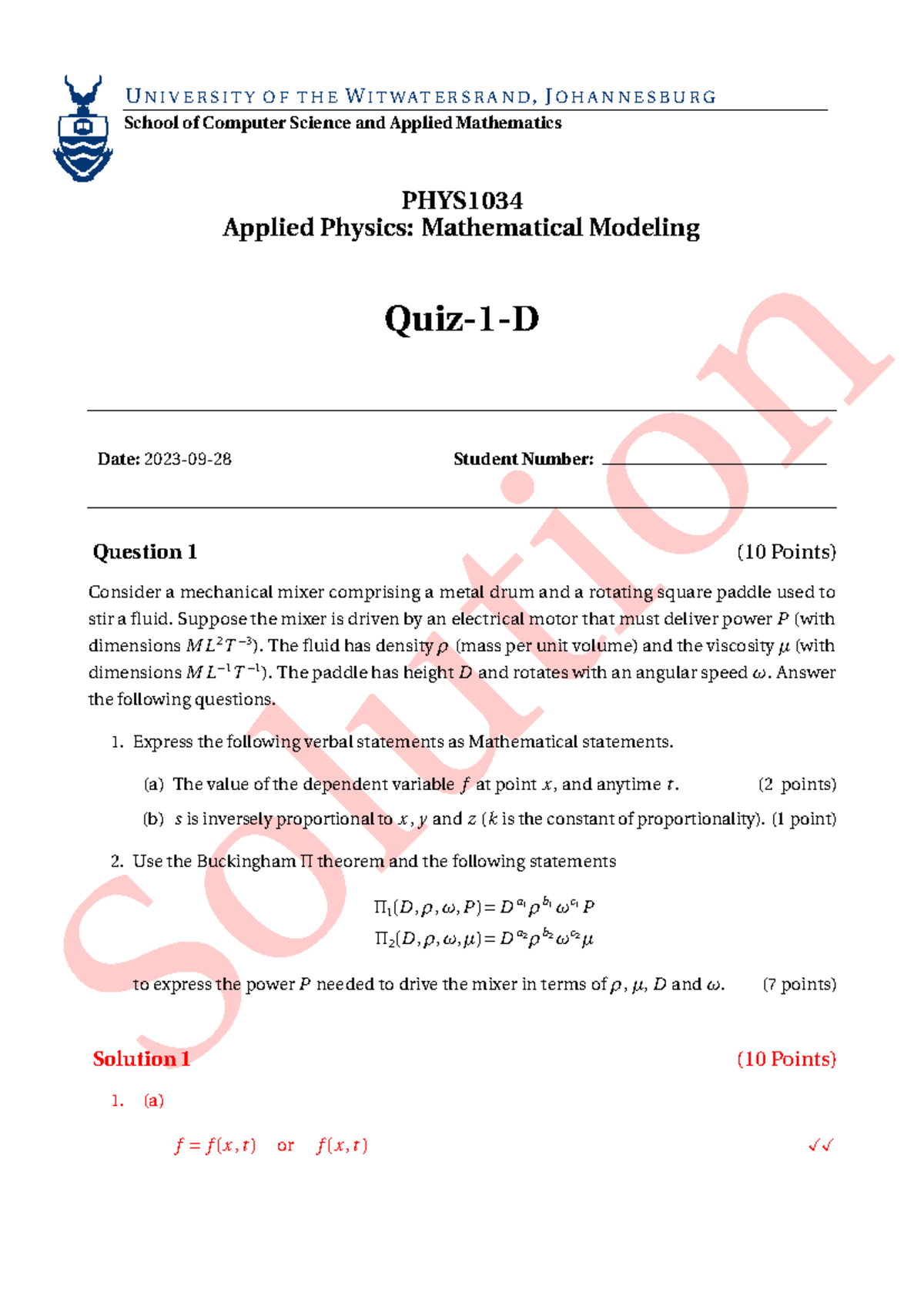 Demensional analysis - Solution U N I V E R S I T Y O F T H E W I T W A ...