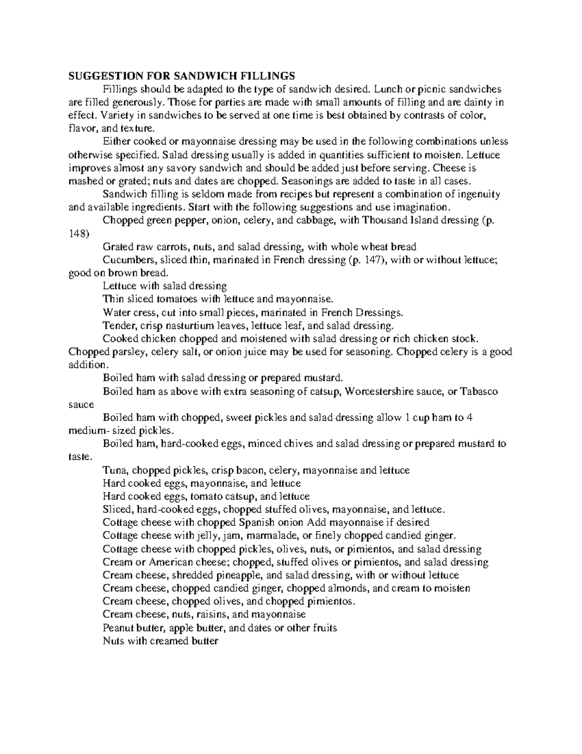 Suggestion FOR Sandwich Fillings SUGGESTION FOR SANDWICH FILLINGS