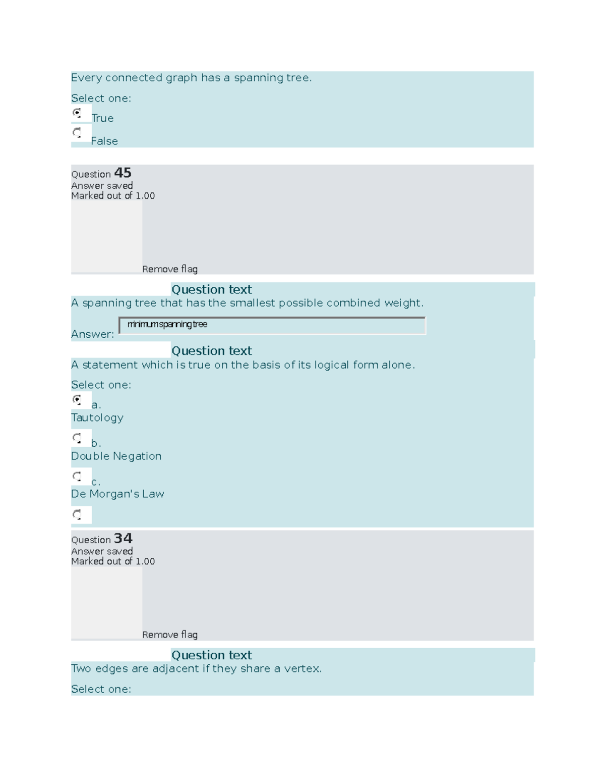 Discrete Mathematics quiz and exam - Every connected graph has a ...