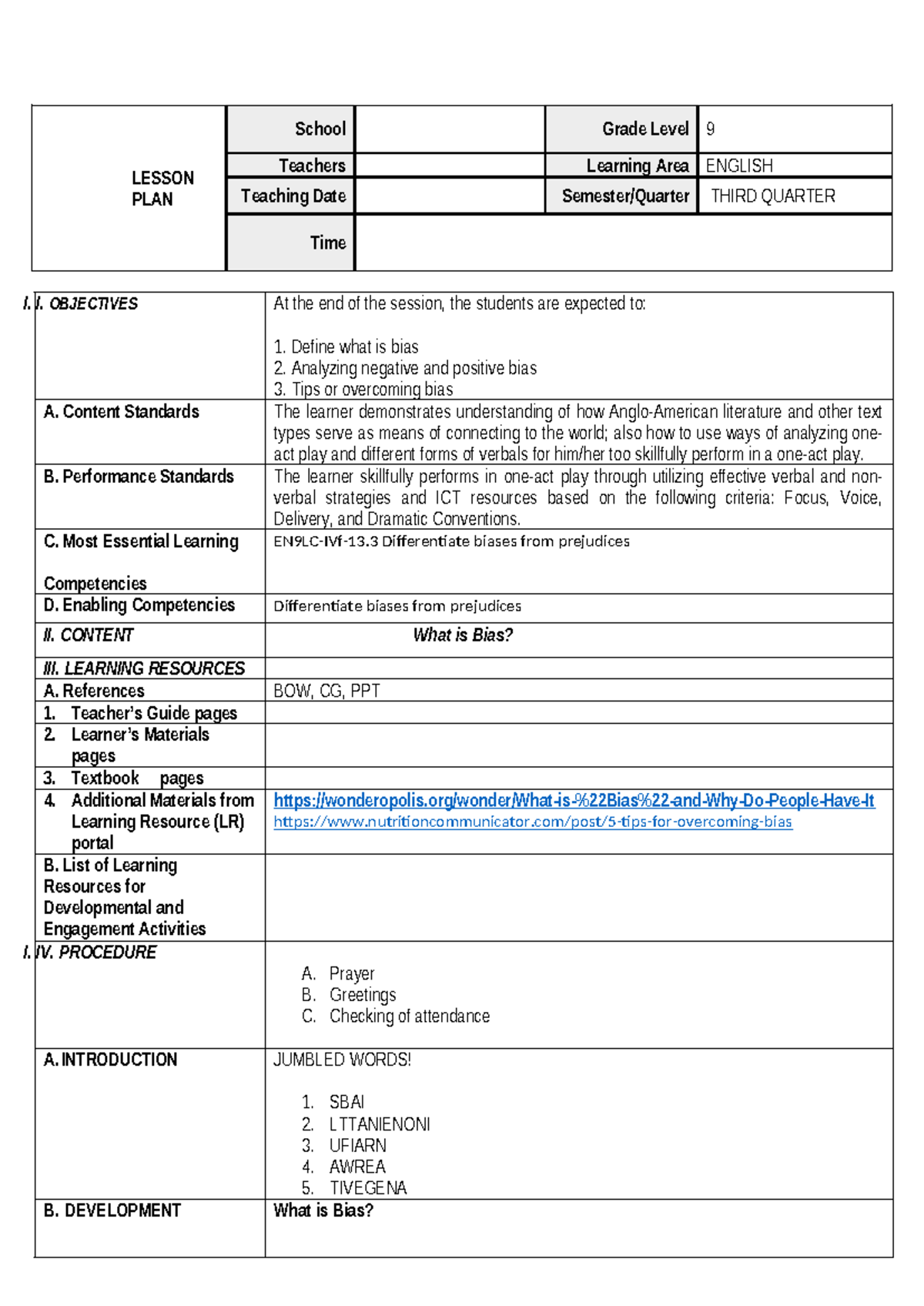 Sd 3 - english - I. I. OBJECTIVES At the end of the session, the ...