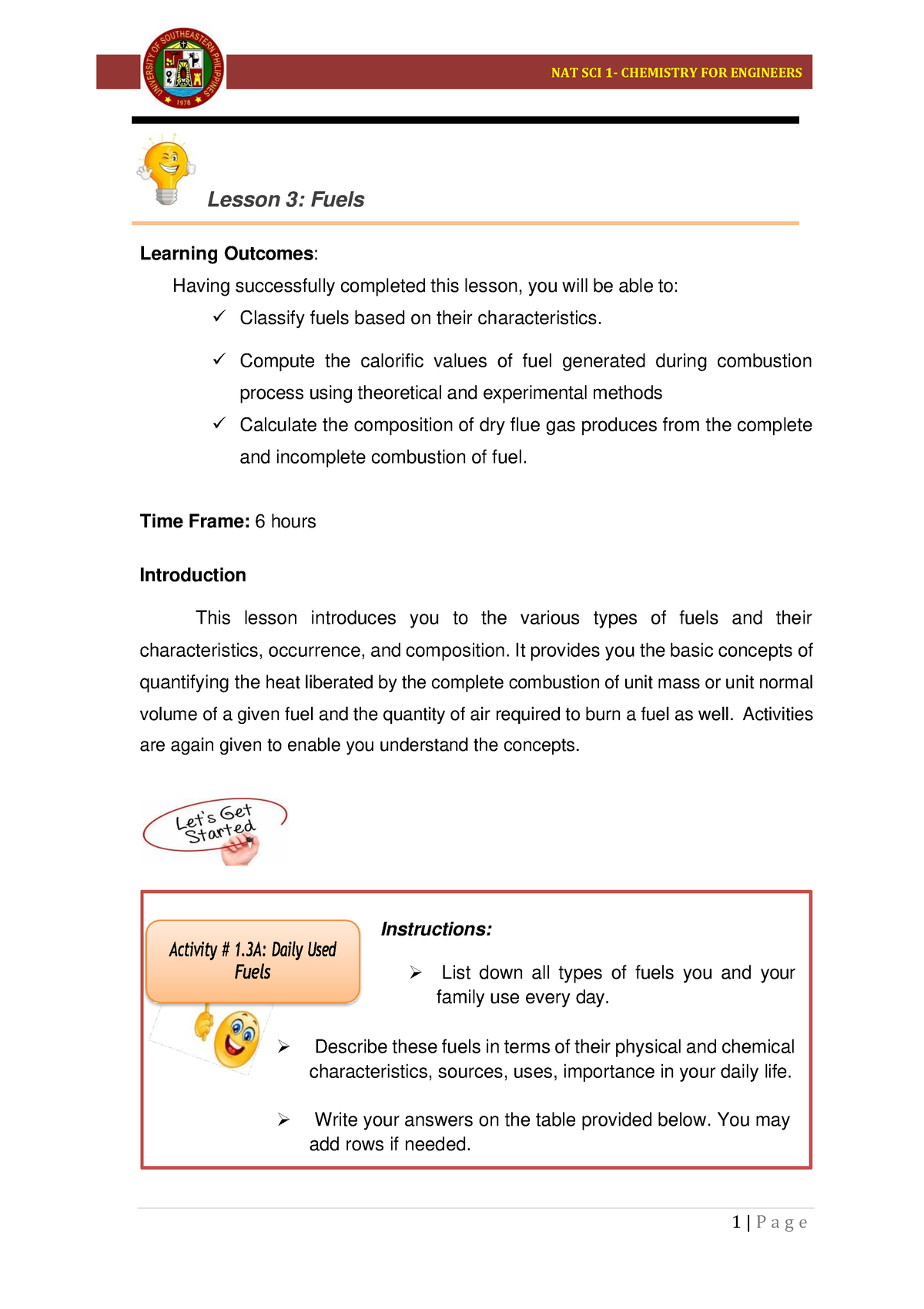 USe P Module 1 Lesson 3 Chemistry FOR Engineers - Lesson 3: Fuels ...