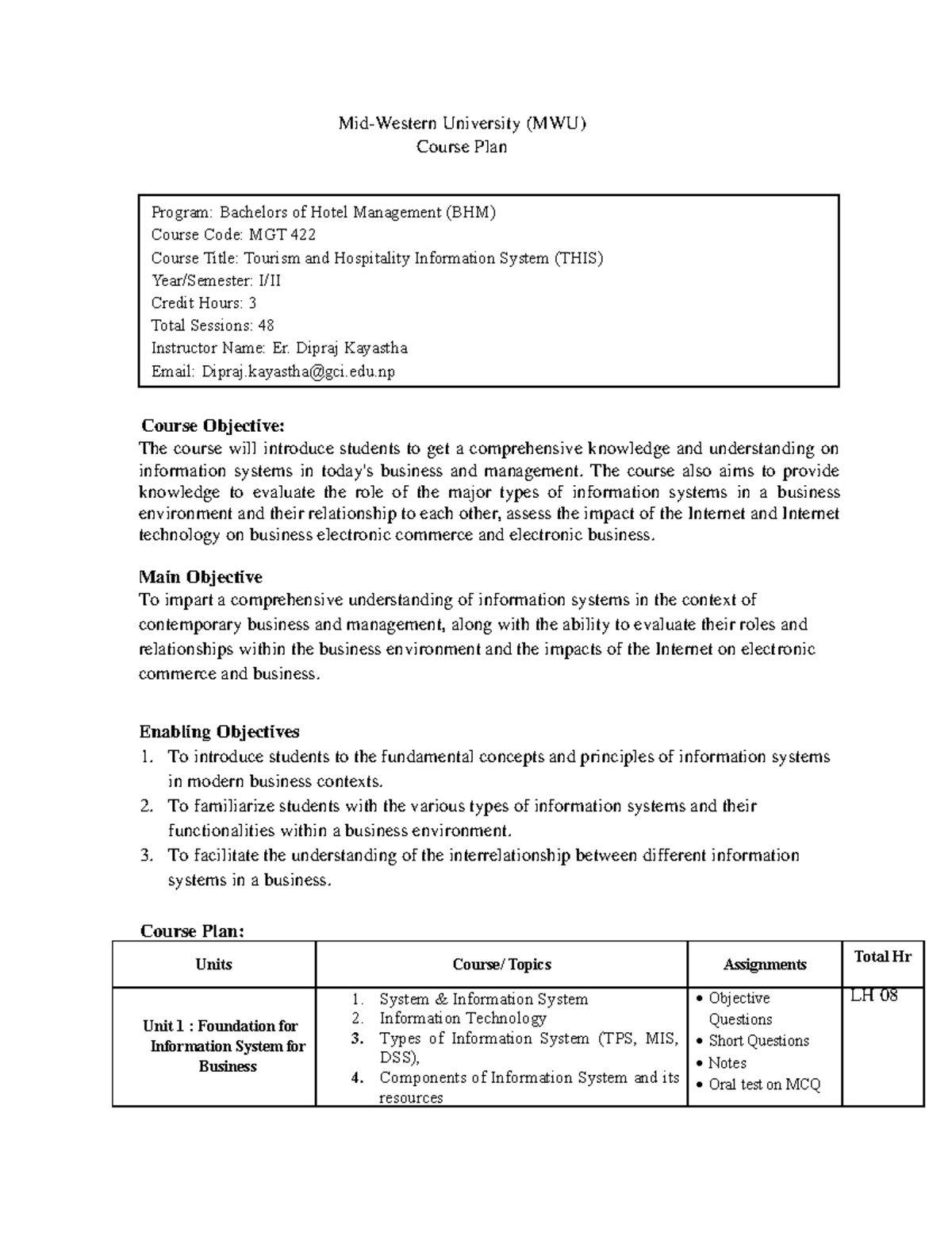 Course Plan Format(THIS) - Mid-Western University (MWU) Course Plan ...