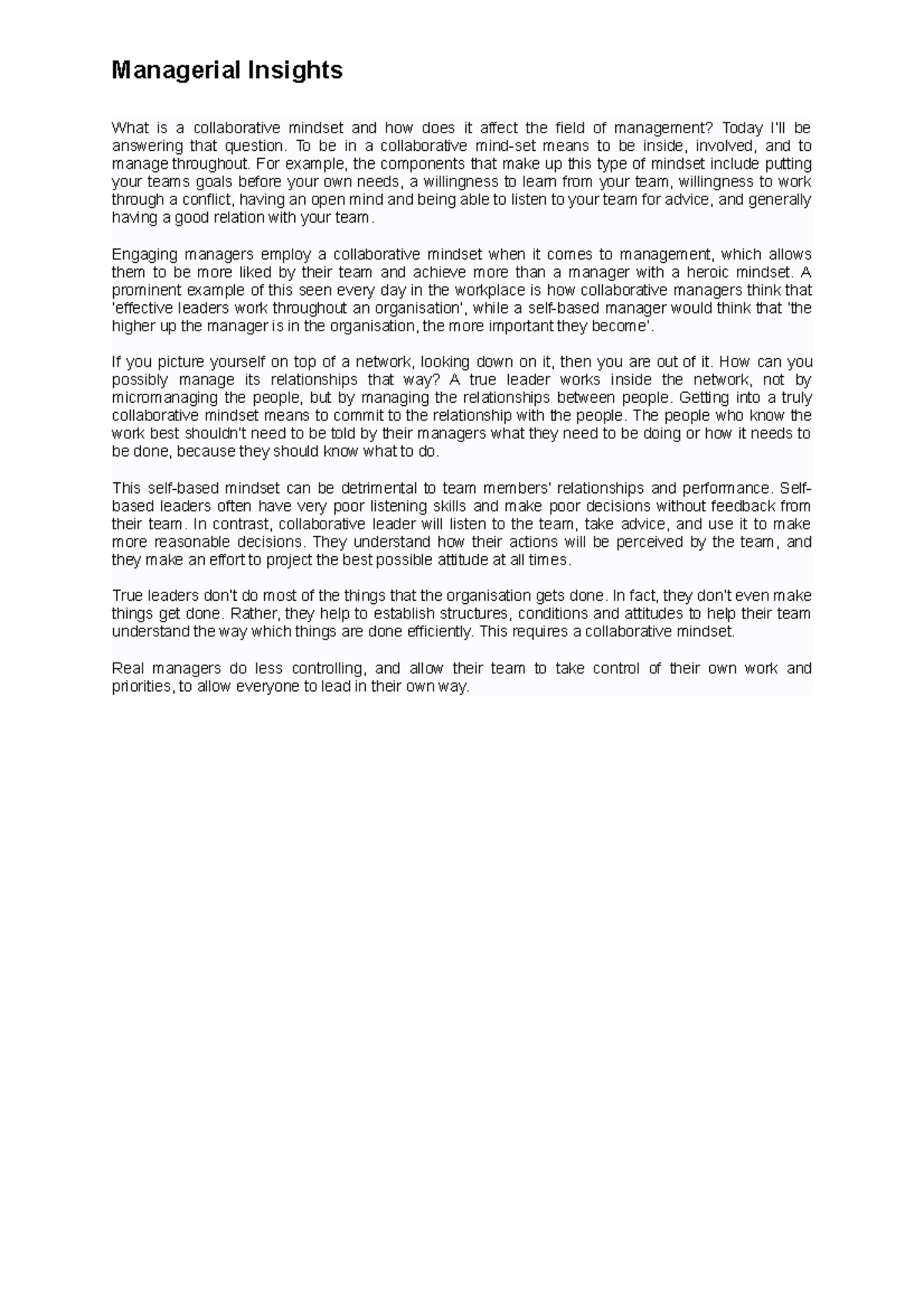 Managerial Insights - Speech for Management Task 2 - Managerial ...