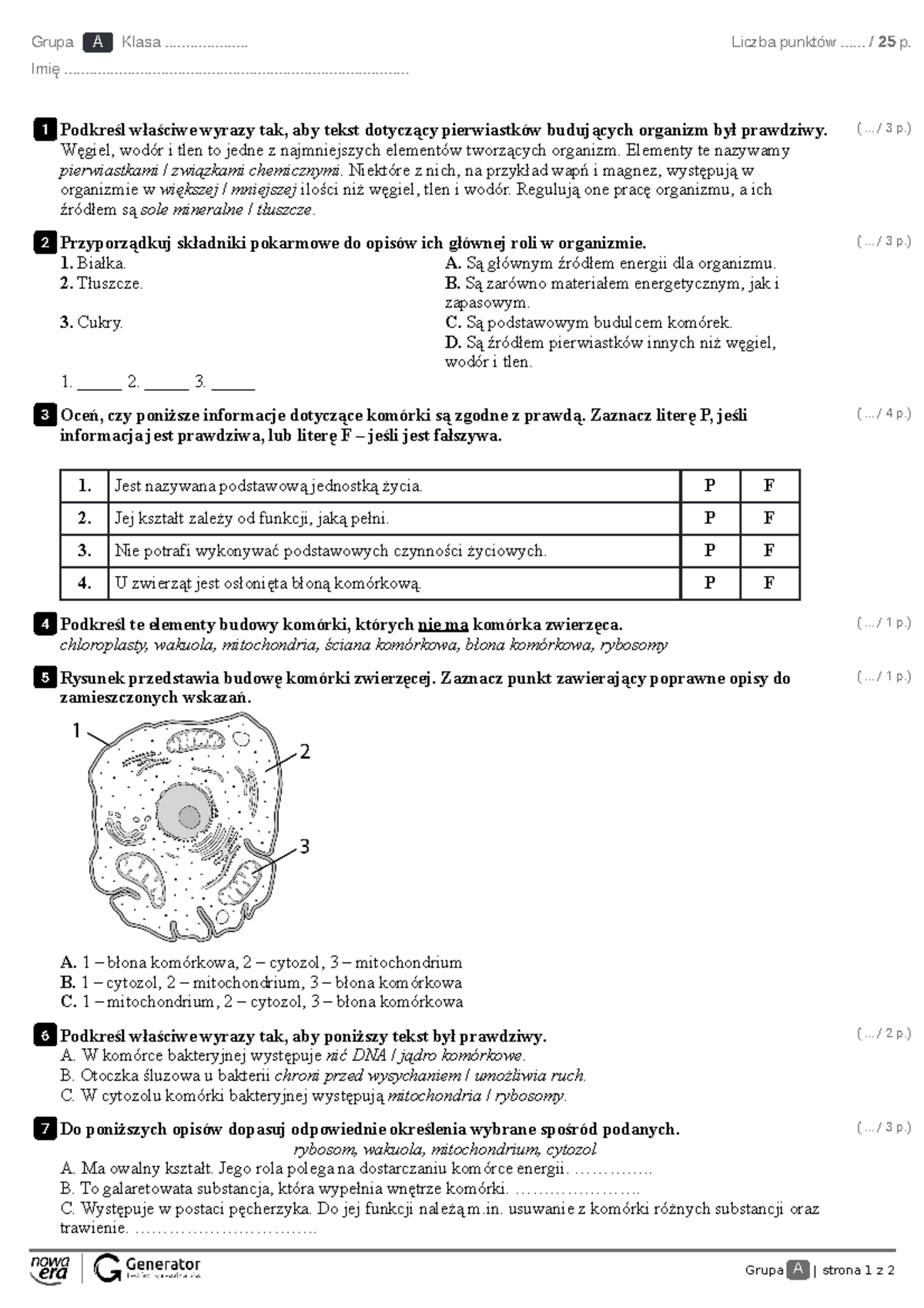 Test II. Budowa I Czynności życiowe Organizmów Test (z Widoczną ...