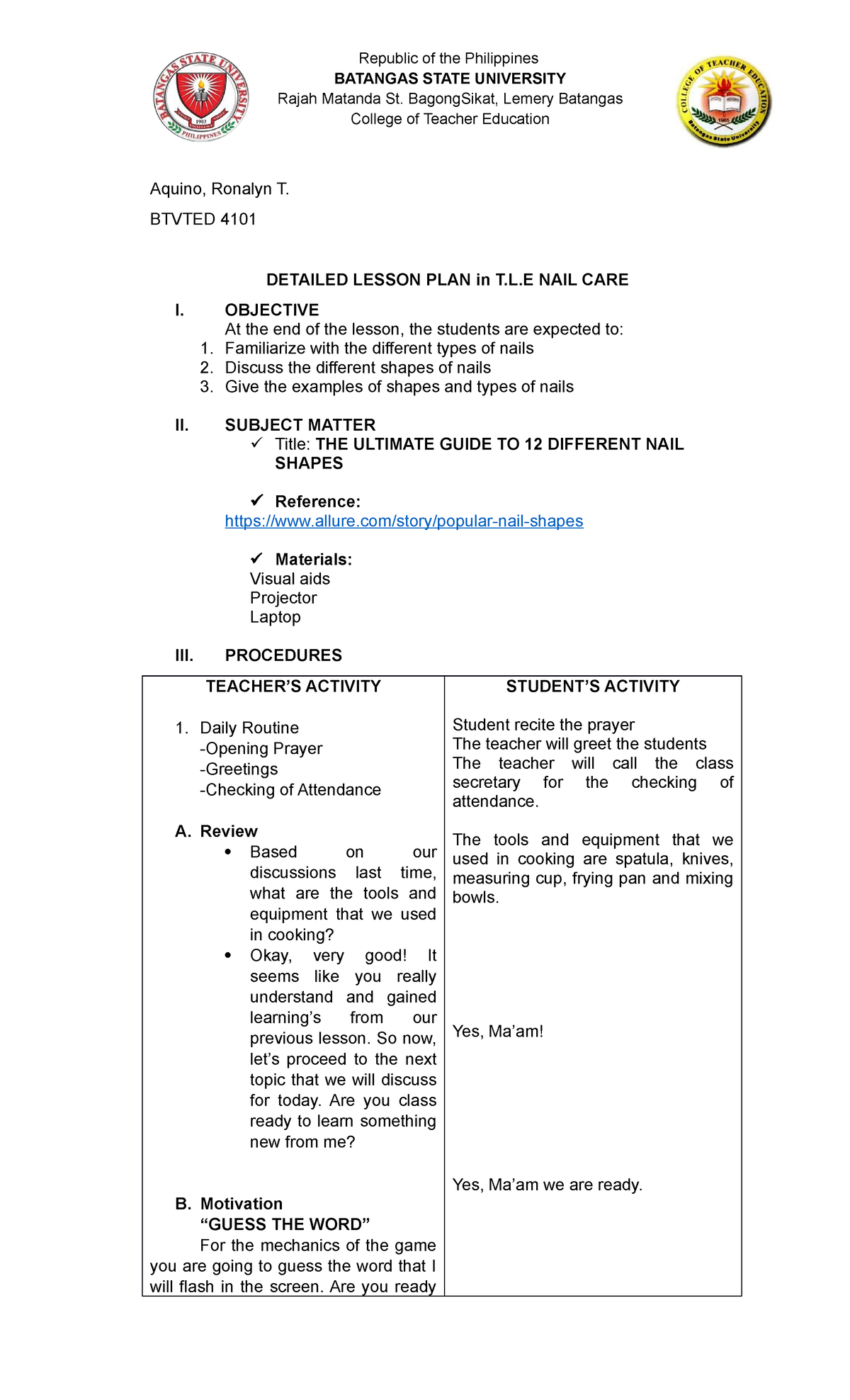 Detailed Lesson Plan - BATANGAS STATE UNIVERSITY Rajah Matanda St ...