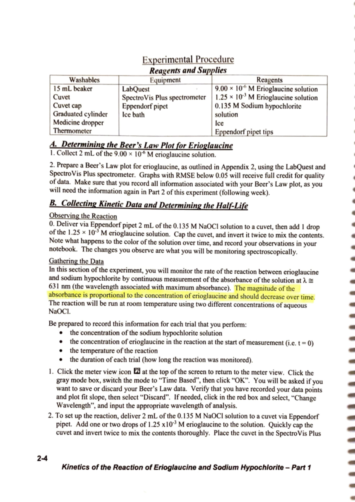 Lab 2 Kinetics Of Erioglaucine With Sodium Hypochlorite Part 1 2 Washa Bles Ex Perim 1110