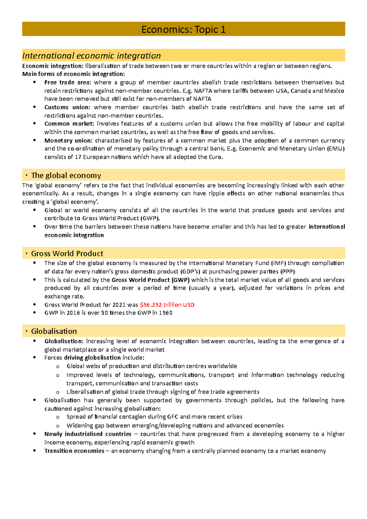 Topic 1 Notes - Global Economy - Economics: Topic 1 International ...