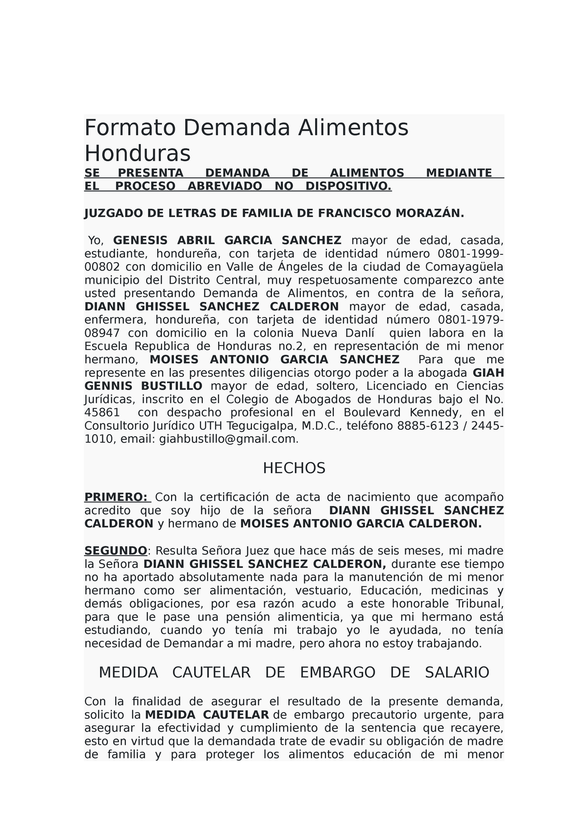 Formato Demanda Alimentos Honduras - Formato Demanda Alimentos Honduras SE  PRESENTA DEMANDA DE - Studocu