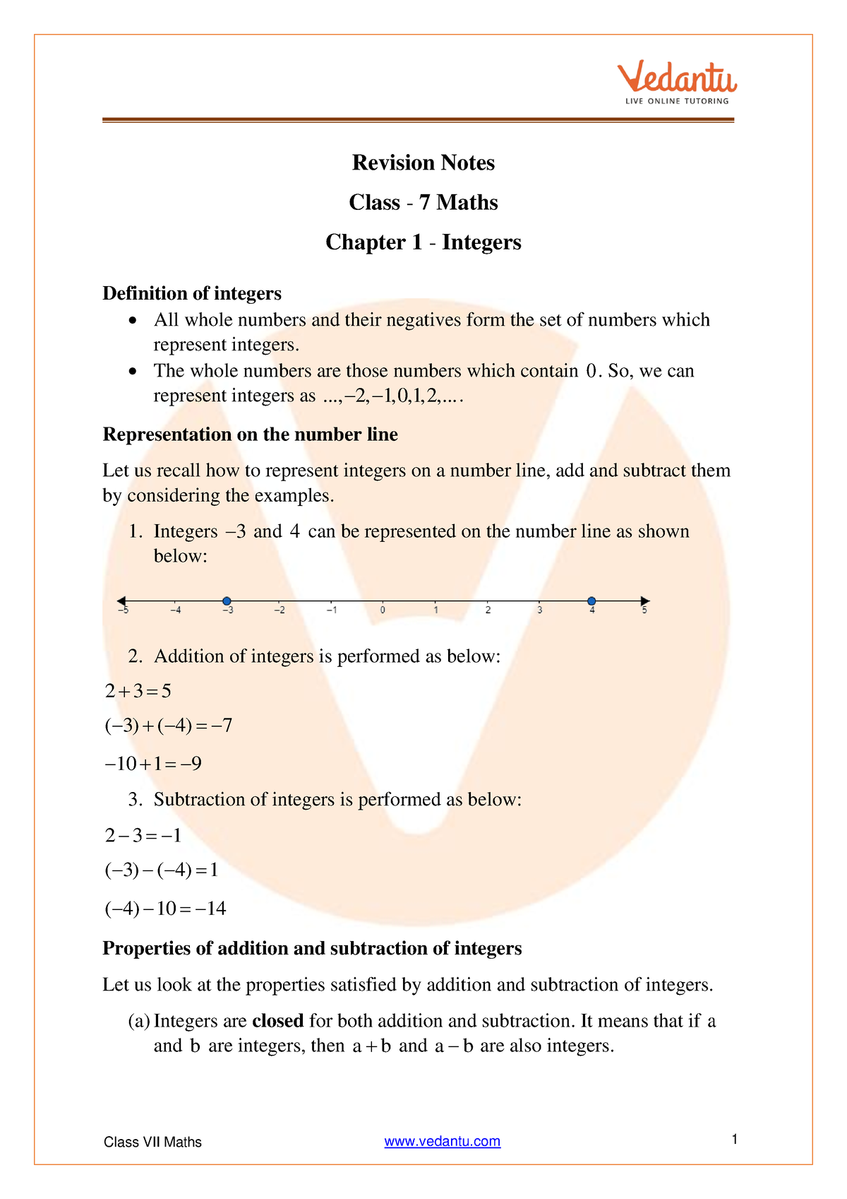 Class 7 Maths Chapter 1 Revision Notes - Class VII Maths Vedantu 1 ...