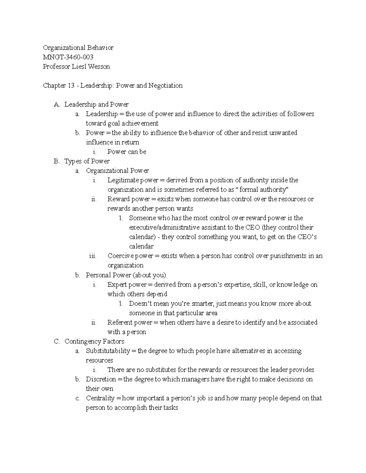 MNGT-3460 Chapter 13 Notes - Organizational Behavior MNGT-3460 ...