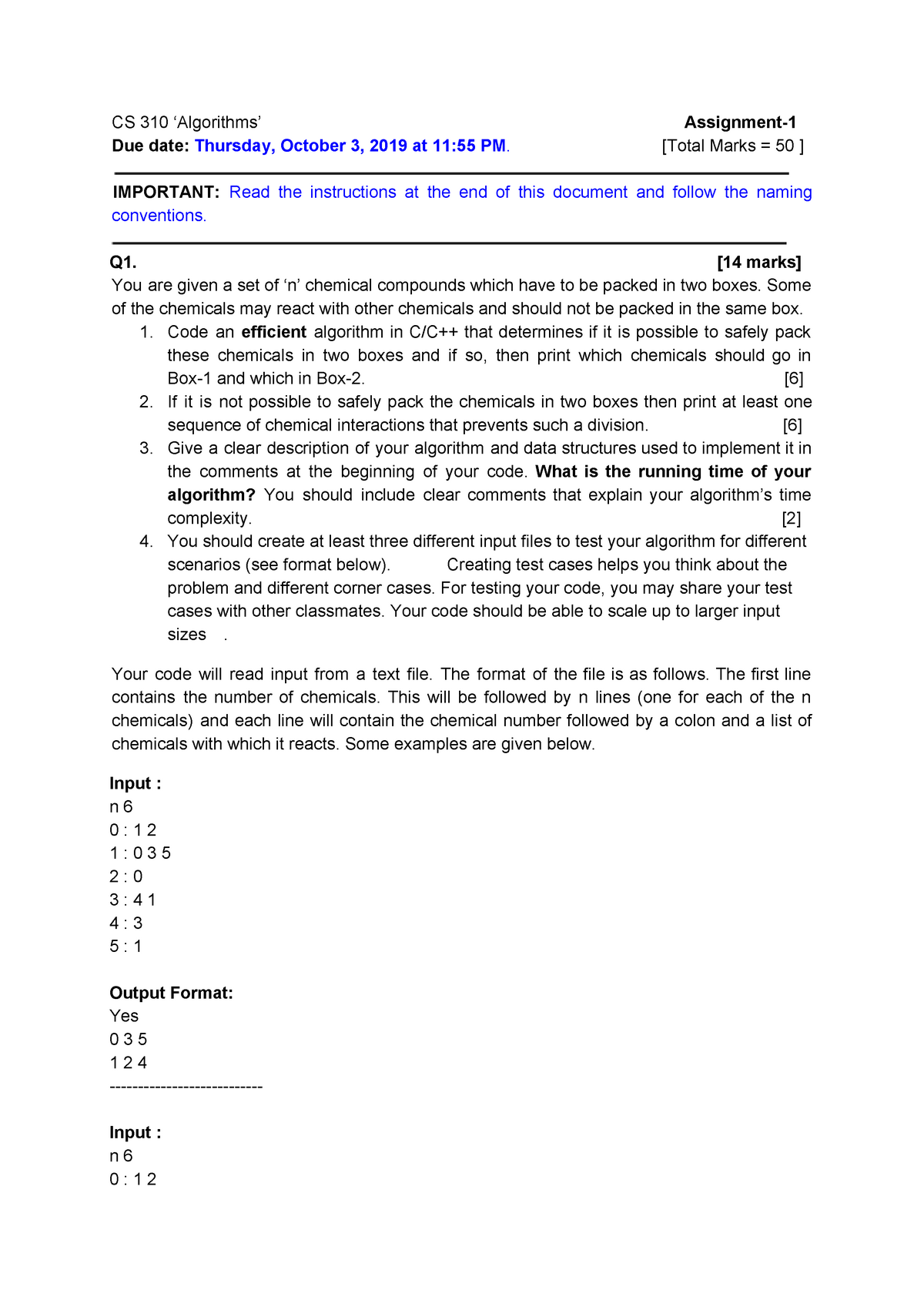 01 Assignment CS310 Fall2019 CS 310 ‘Algorithms’ Assignment Due date