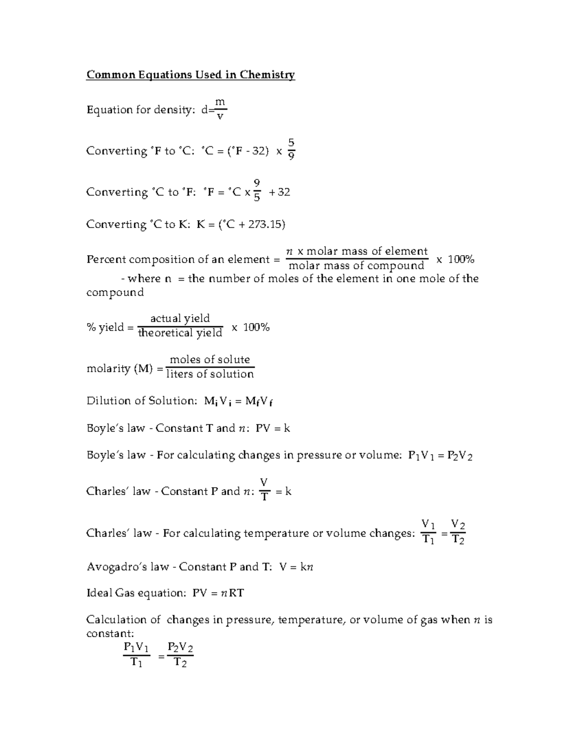 Common Chemistry Equations Common Equations Used in Chemistry