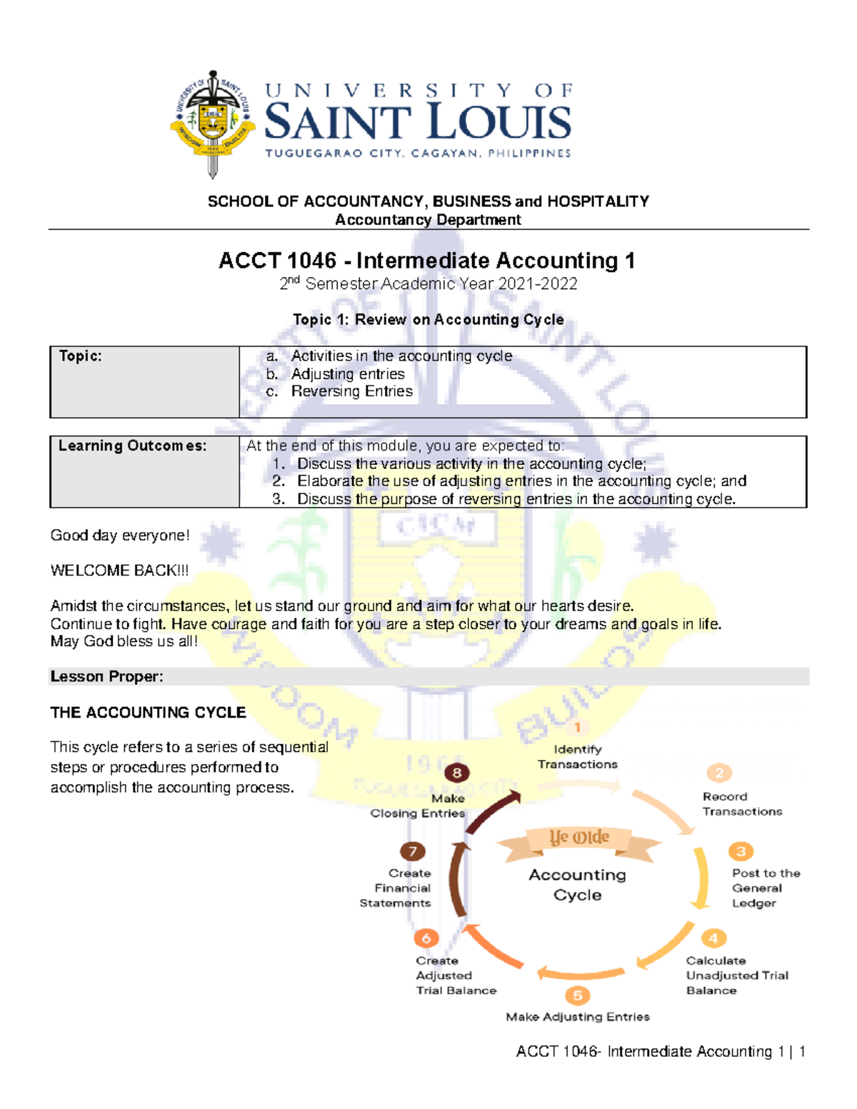 Lesson 1 Accounting Cycle - SCHOOL OF ACCOUNTANCY, BUSINESS and ...