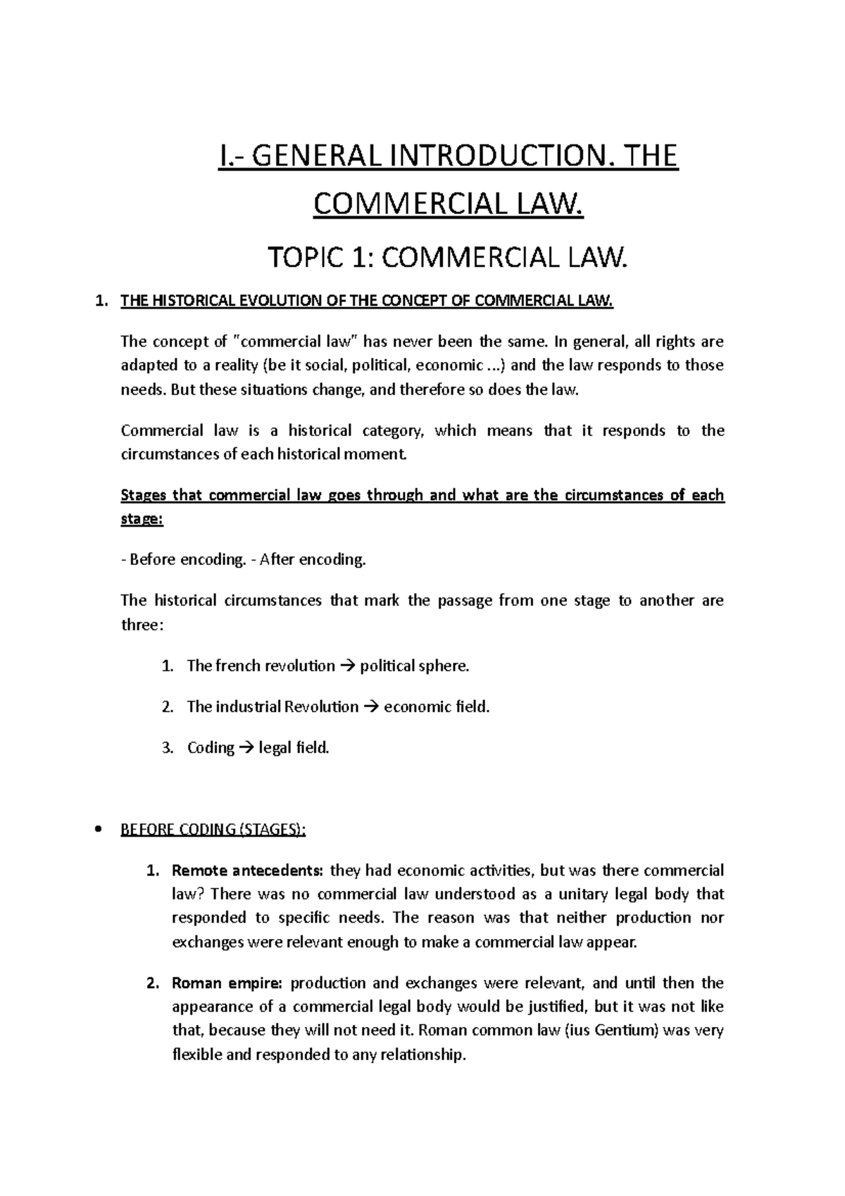 Unit 1 - Lecture notes 1 - I.- GENERAL INTRODUCTION. THE COMMERCIAL LAW ...