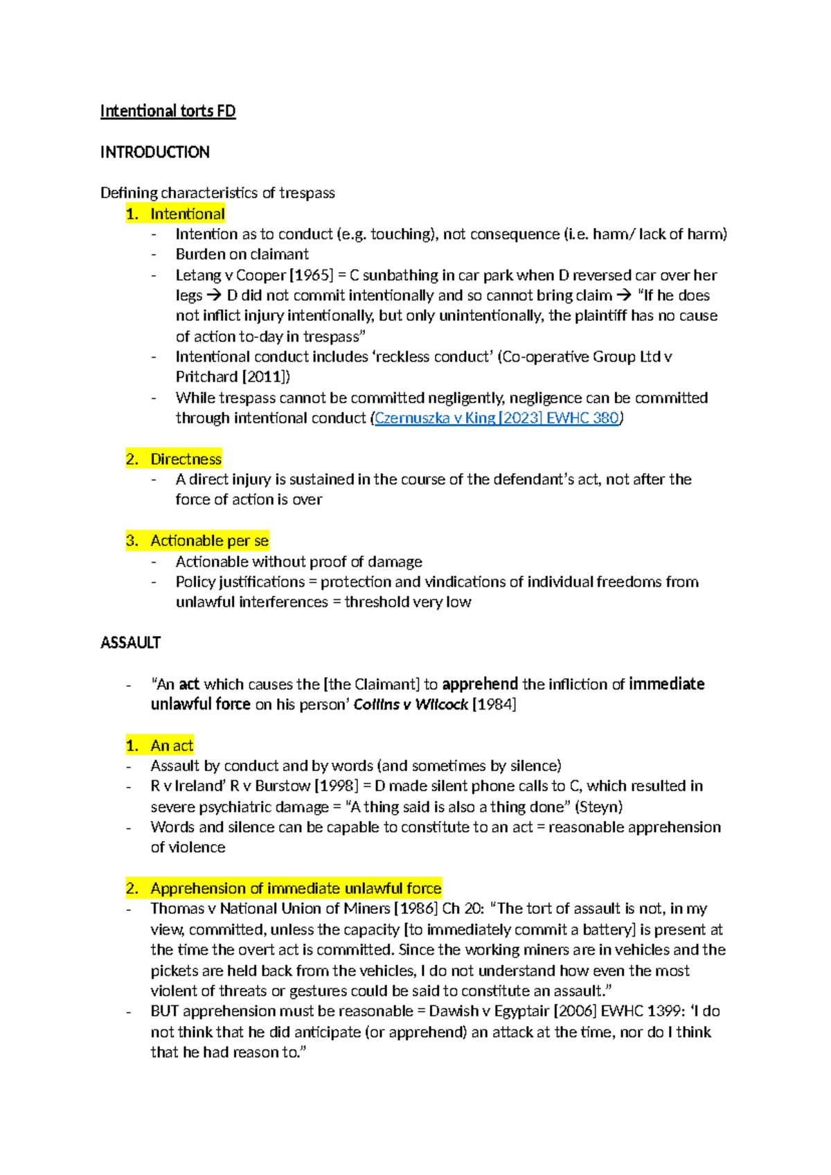 Intentional torts FD - Summary Foundations of Tort A - Intentional ...