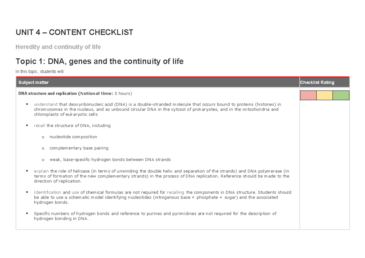 Biology Unit 4 Content Checklist - UNIT 4 – CONTENT CHECKLIST Heredity ...