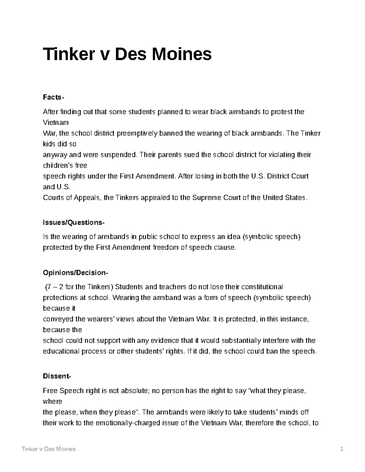 Tinker V Des Moines - Study Guide - Tinker V Des Moines 1 Tinker V Des ...