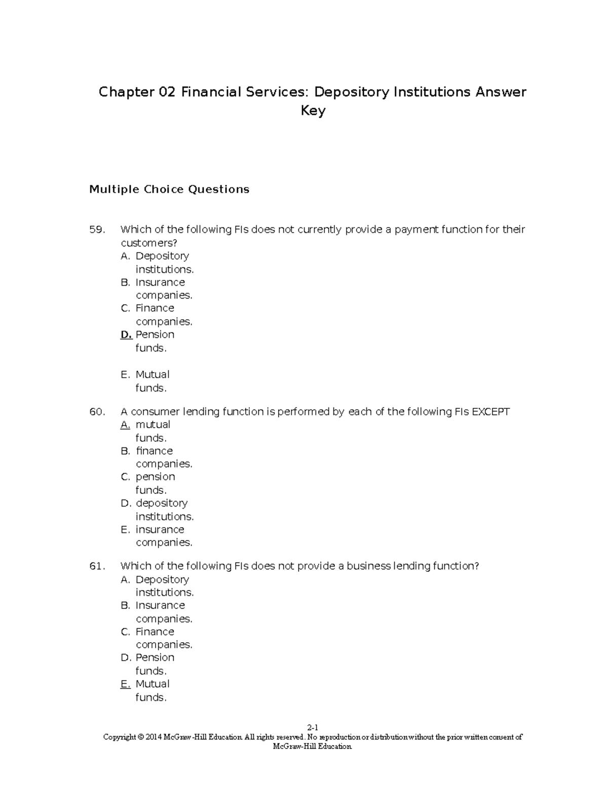 TBChap 002 - Test Bank - Chapter 02 Financial Services: Depository ...