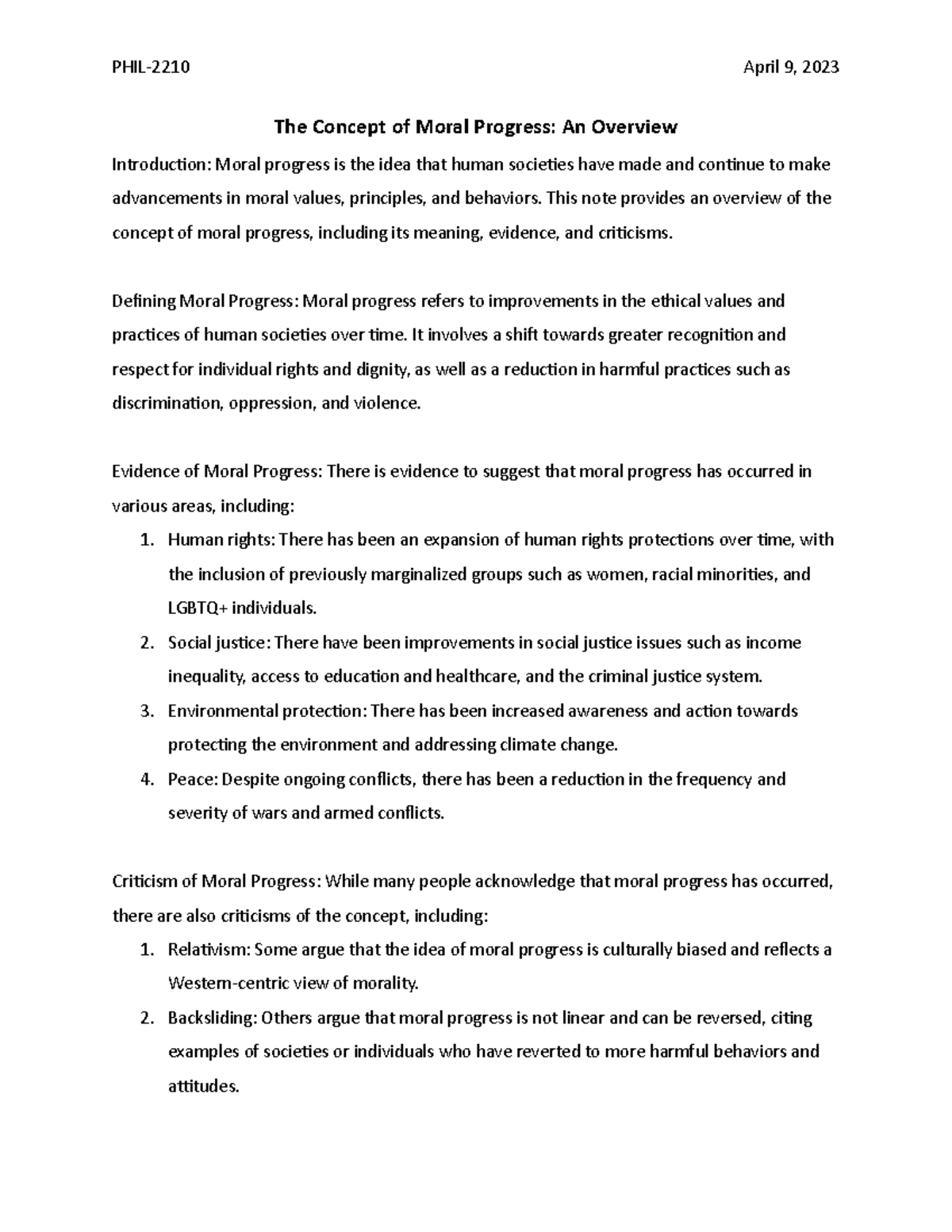 PHIL-2210: Moral progress - PHIL-2210 April 9, 2023 The Concept of ...