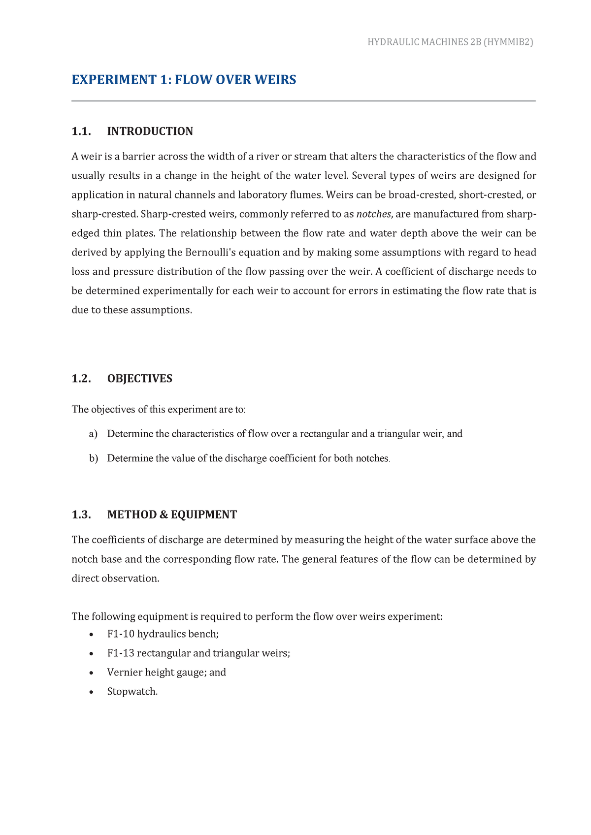 flow over weirs experiment lab report