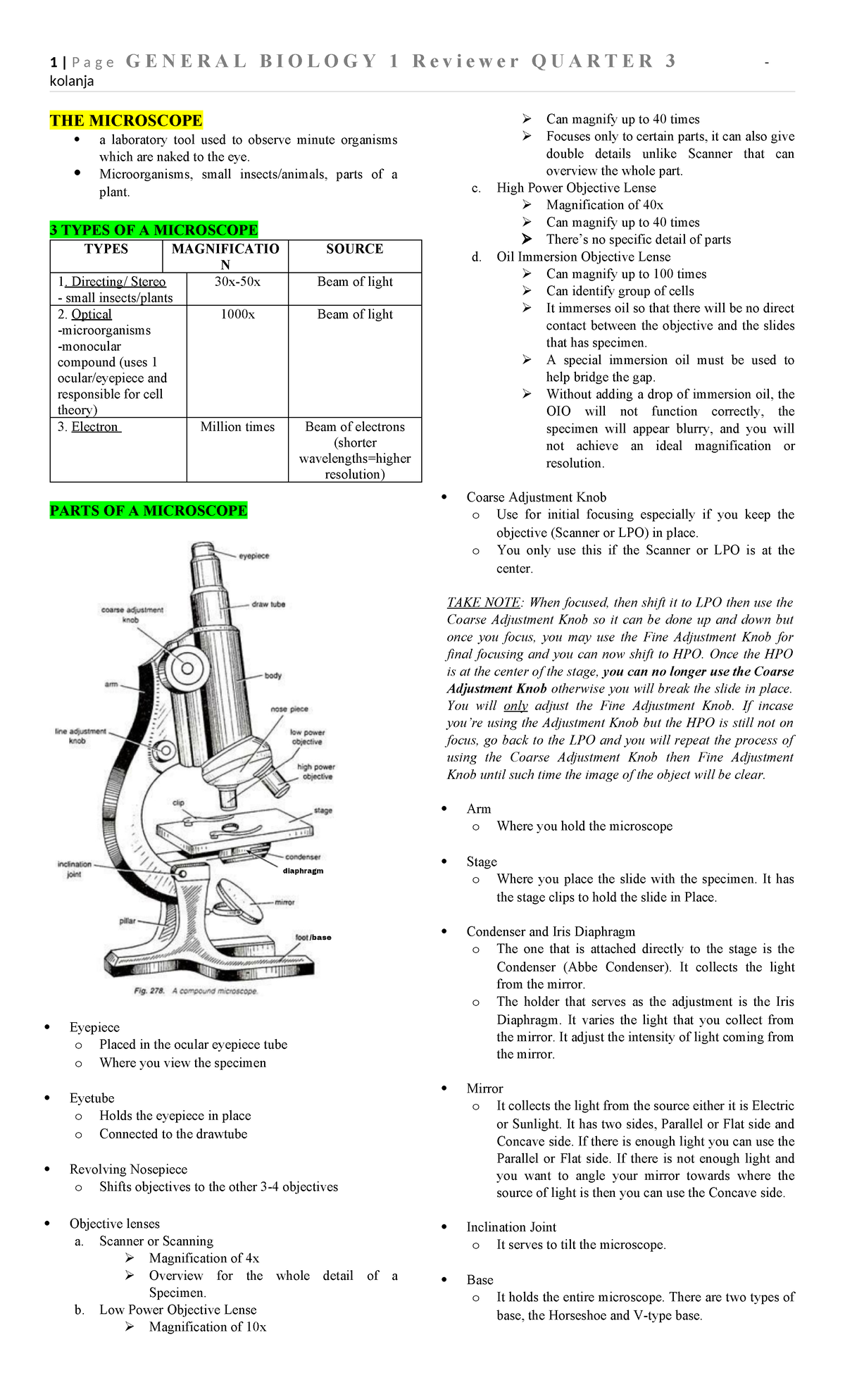 Gen Bio 1 Quarter 3 inc - Basic information about Microscope and cells ...