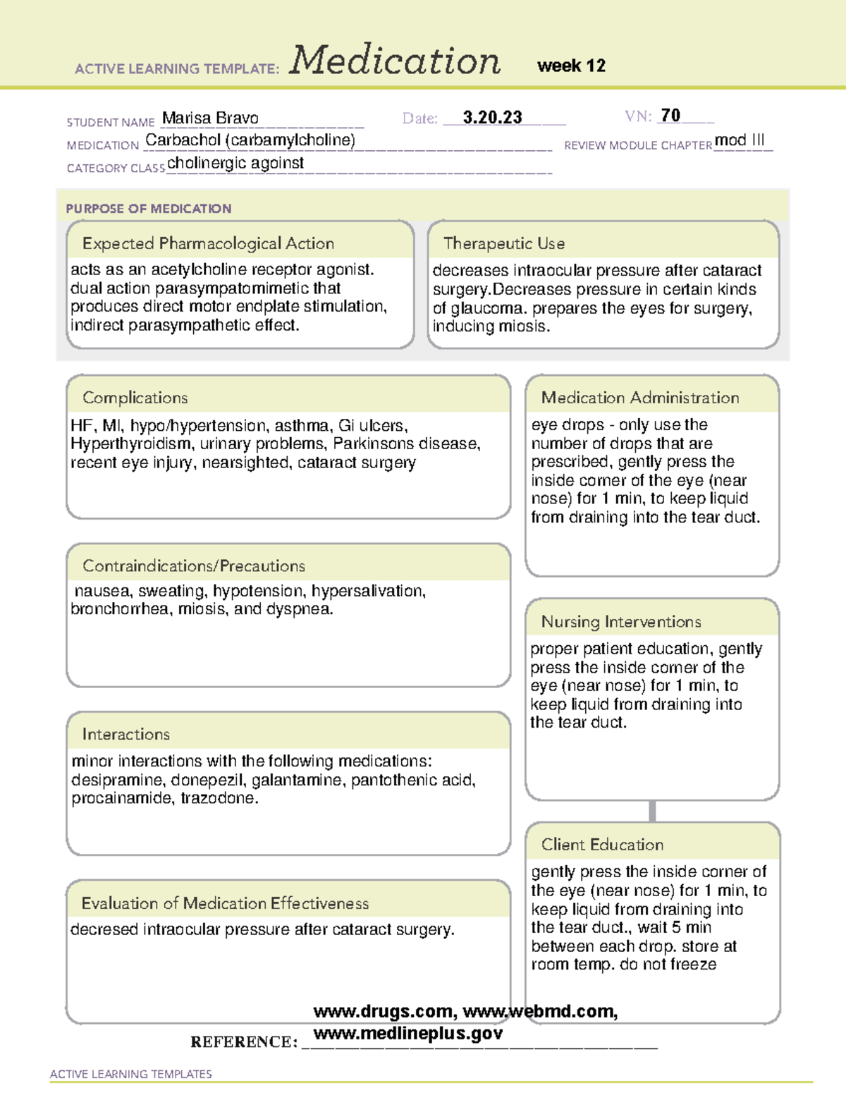 Carbachol medcard wk 12 - ACTIVE LEARNING TEMPLATES Medication STUDENT ...