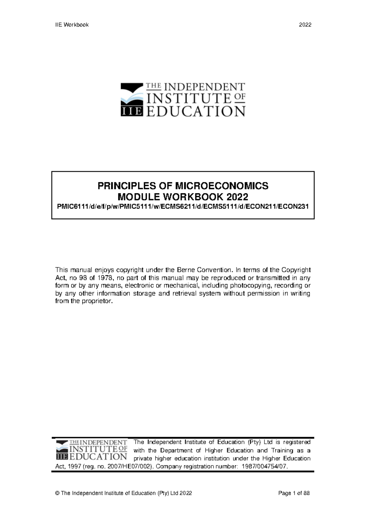 PMIC5111Workbook - PRINCIPLES OF MICROECONOMICS MODULE WORKBOOK 2022 ...