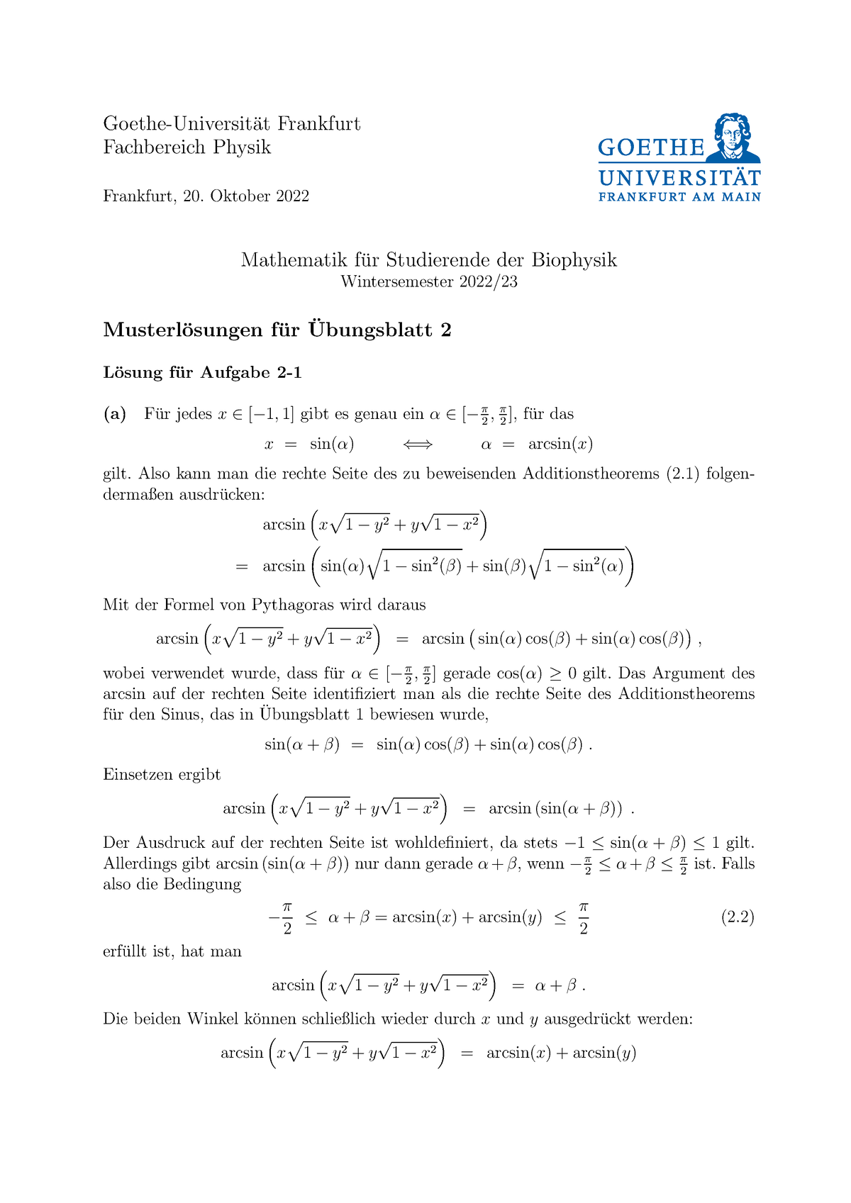 Musterlösungen 2 Lösung Goethe Universit ̈ At Frankfurt Fachbereich Physik Frankfurt 20