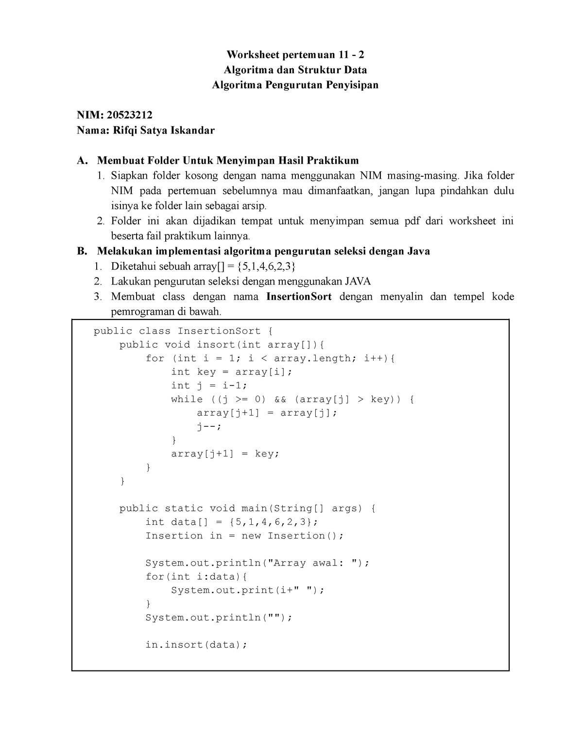 Worksheet Pertemuan 11.2 - Insertion Sort - Worksheet Pertemuan 11 - 2 ...