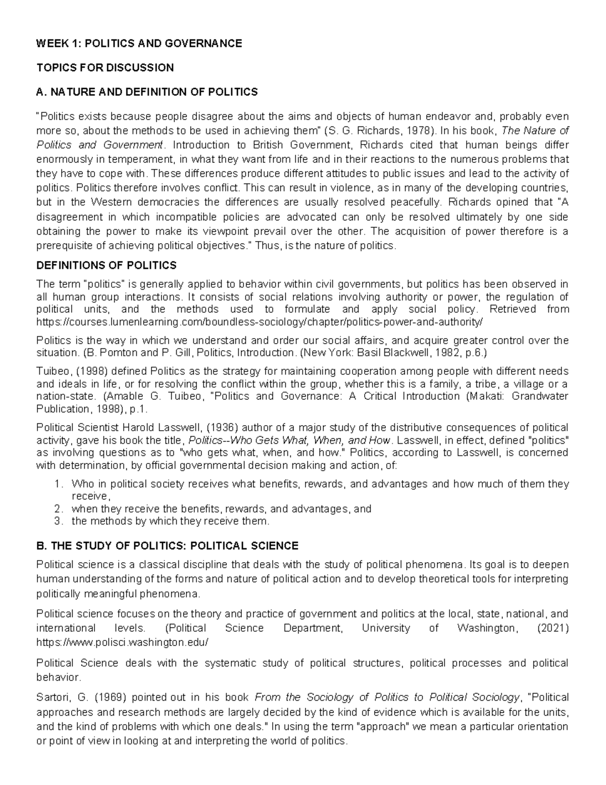 WEEK+1 Politics+AND+ Governance - WEEK 1: POLITICS AND GOVERNANCE ...