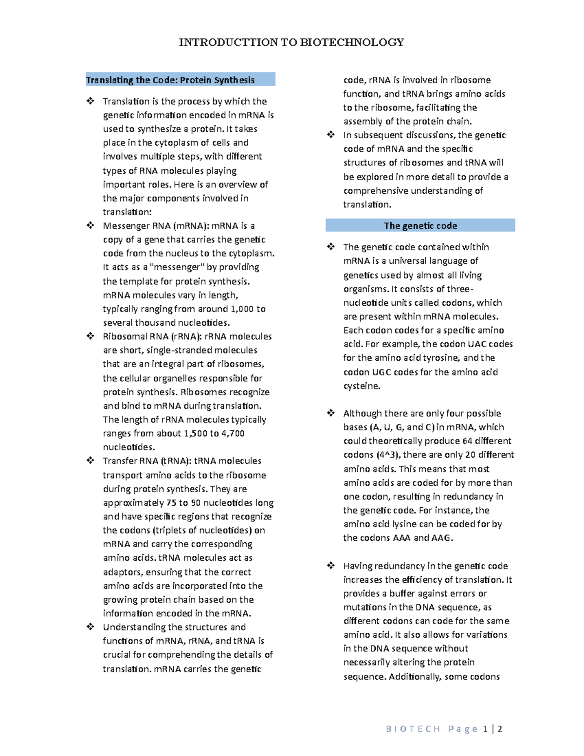 Introduction to Biotechnology Chapter 8 Translation, Genetic Code ...