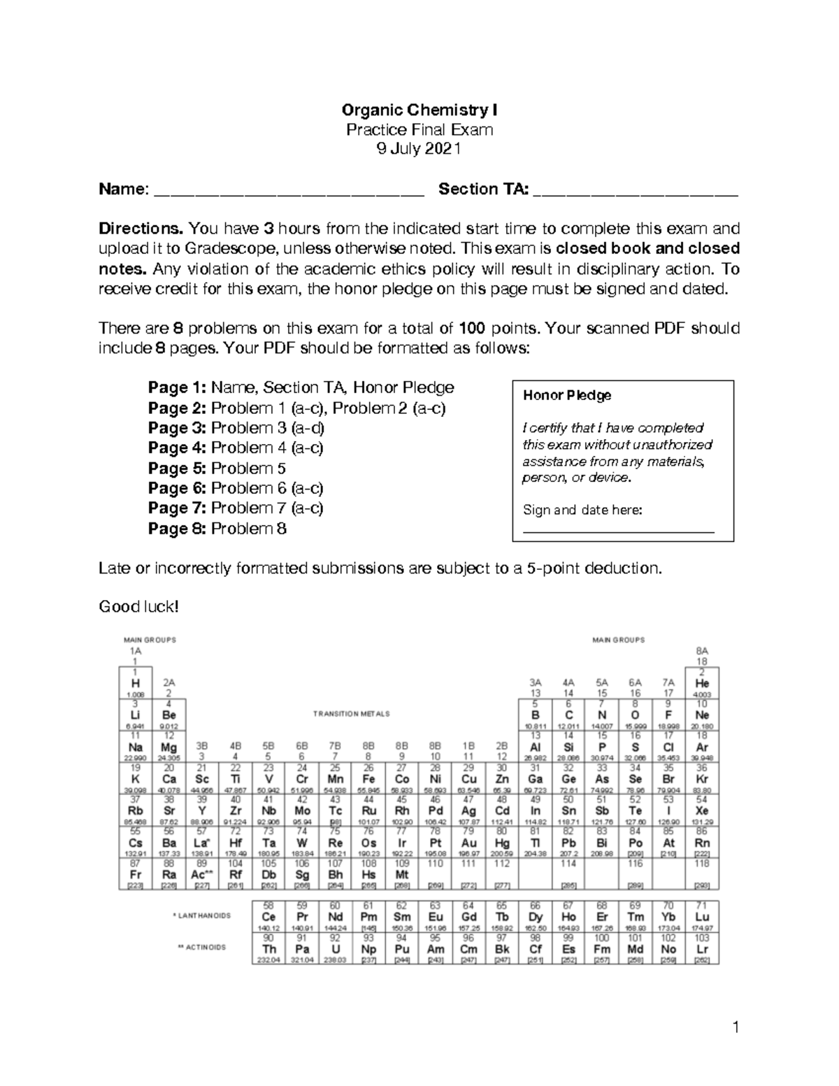 Ochem 1 Practice Final Exam Su21 Organic Chemistry I Practice Final