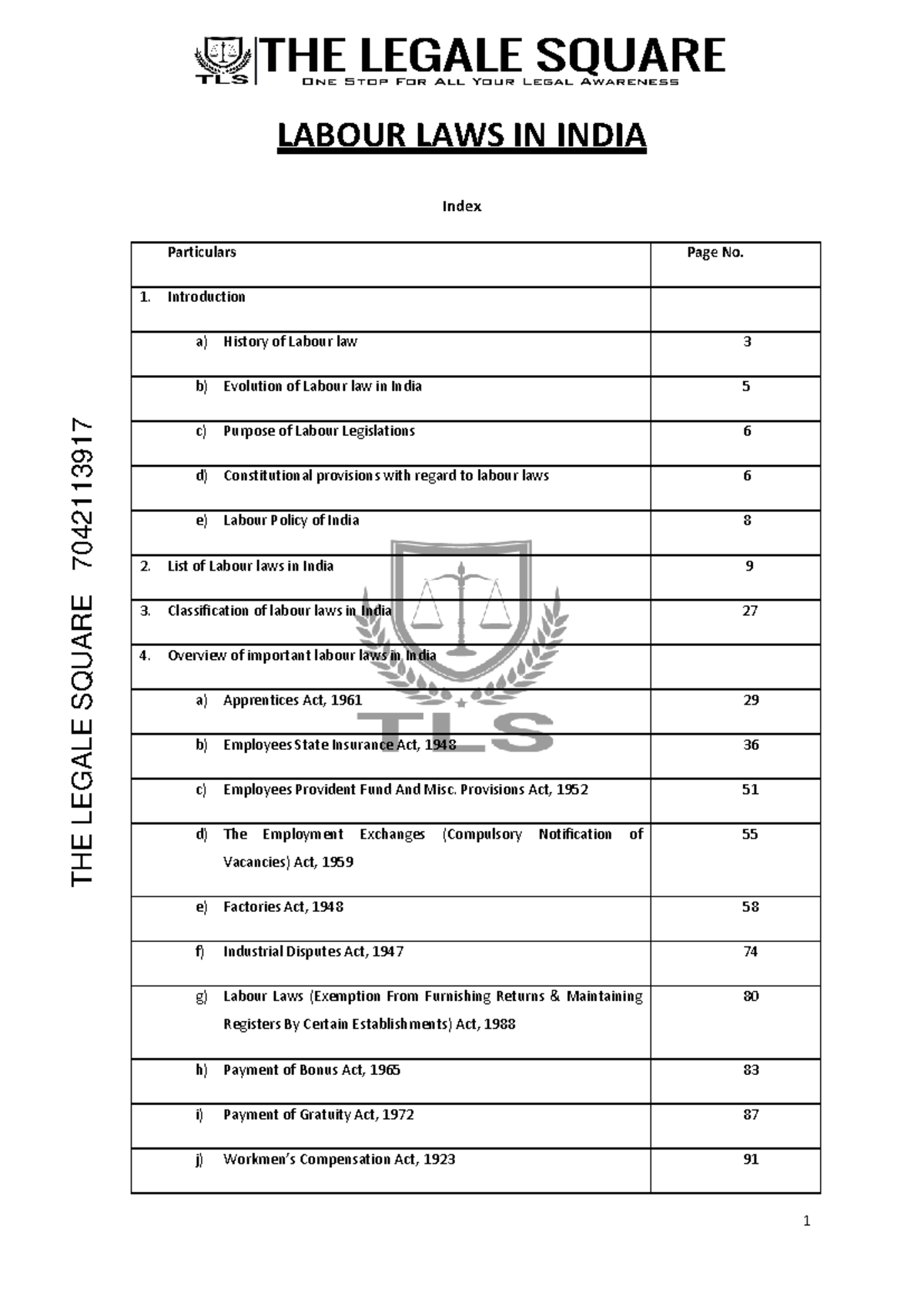 The legale square notes - LABOUR LAWS IN INDIA Index Particulars Page ...