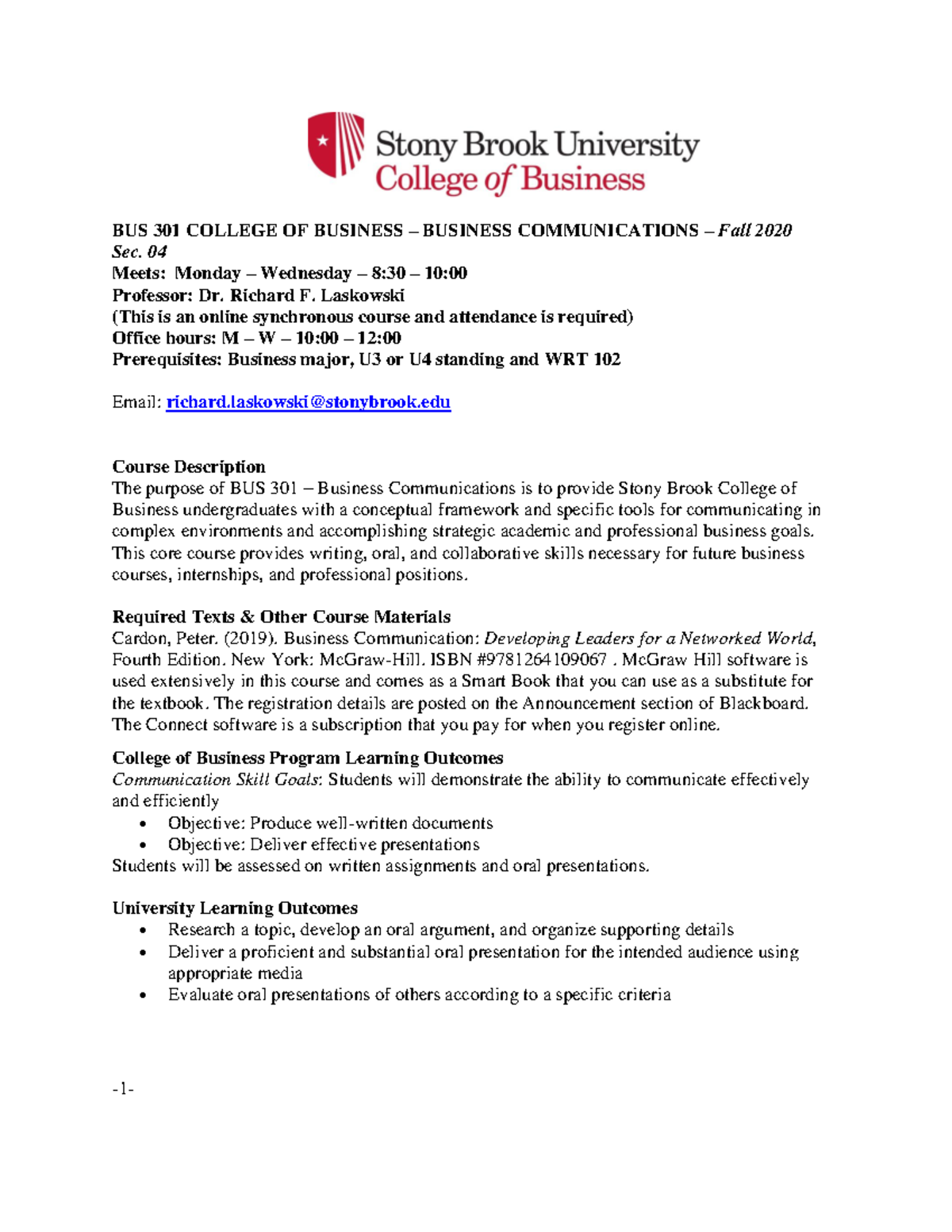 Bus301 04 fall 2020 syllabus - BUS 301 COLLEGE OF BUSINESS – BUSINESS ...