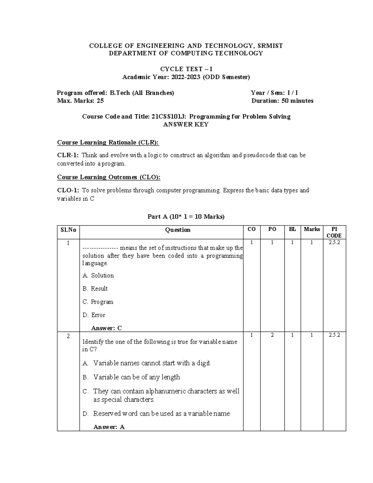 Pps ct 1 set 1 - pyq - COLLEGE OF ENGINEERING AND TECHNOLOGY, SRMIST ...
