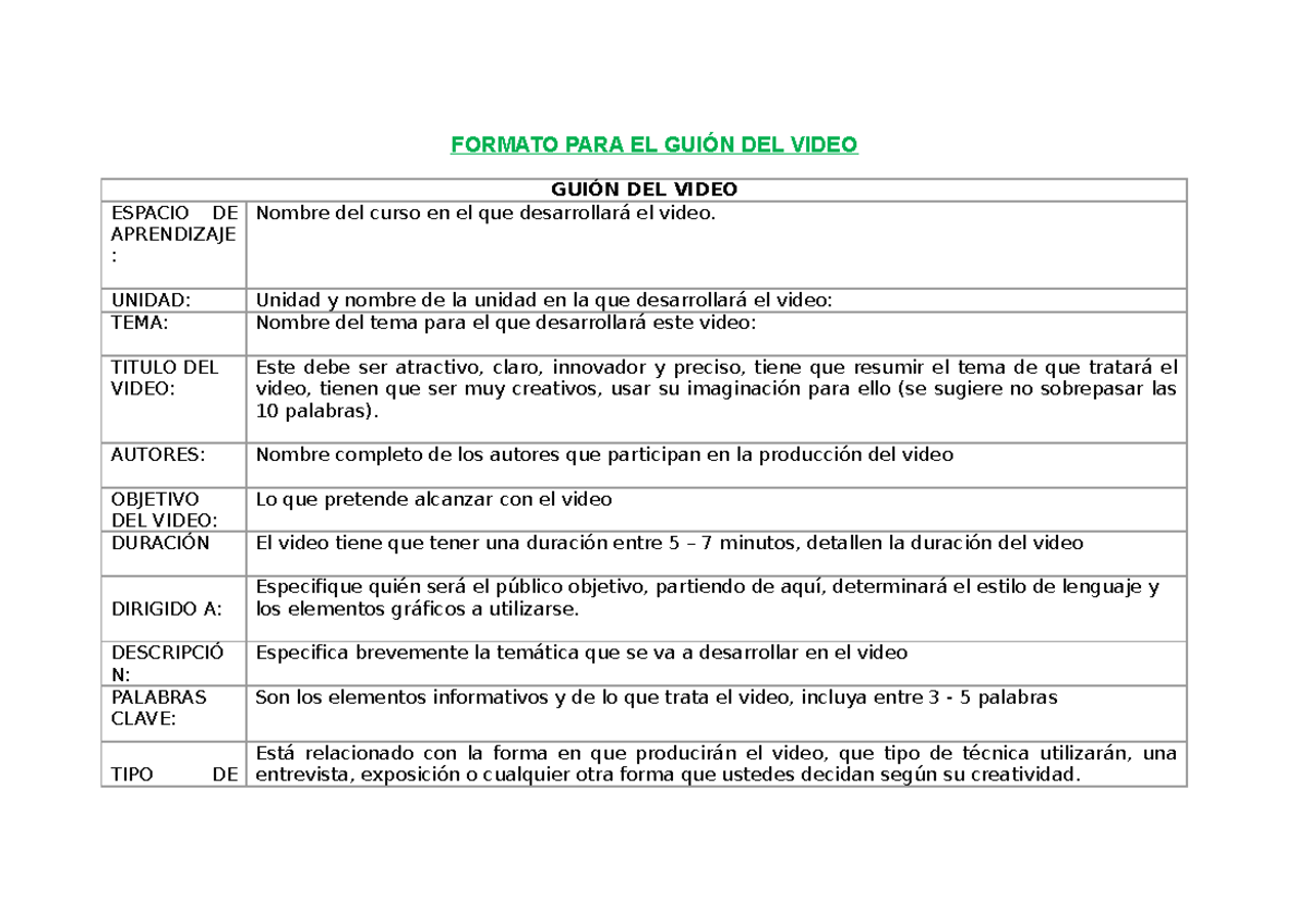 Formato PARA EL Guión DEL Video FORMATO PARA EL GUIÓN DEL VIDEO GUIÓN