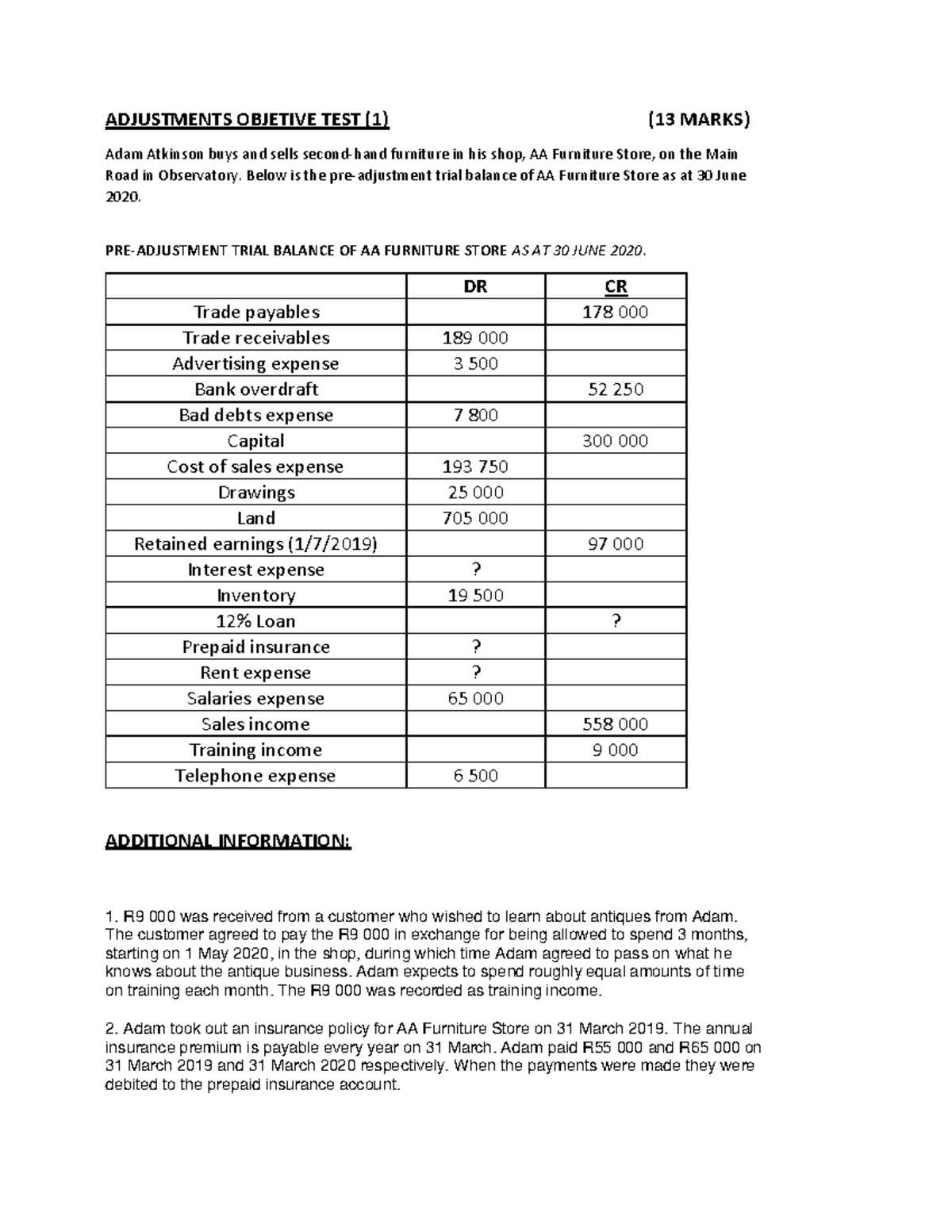 Adjustments Objetive TEST 1 - ADJUSTMENTS OBJETIVE TEST (1) (13 MARKS ...