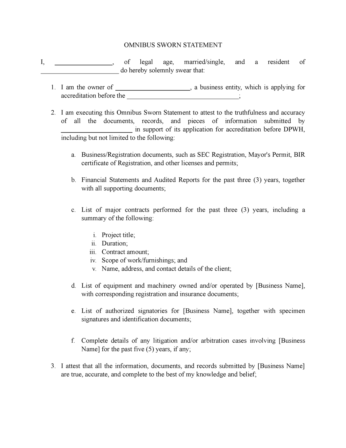 Omnibus Sworn Statement - Business/Registration documents, such as SEC ...