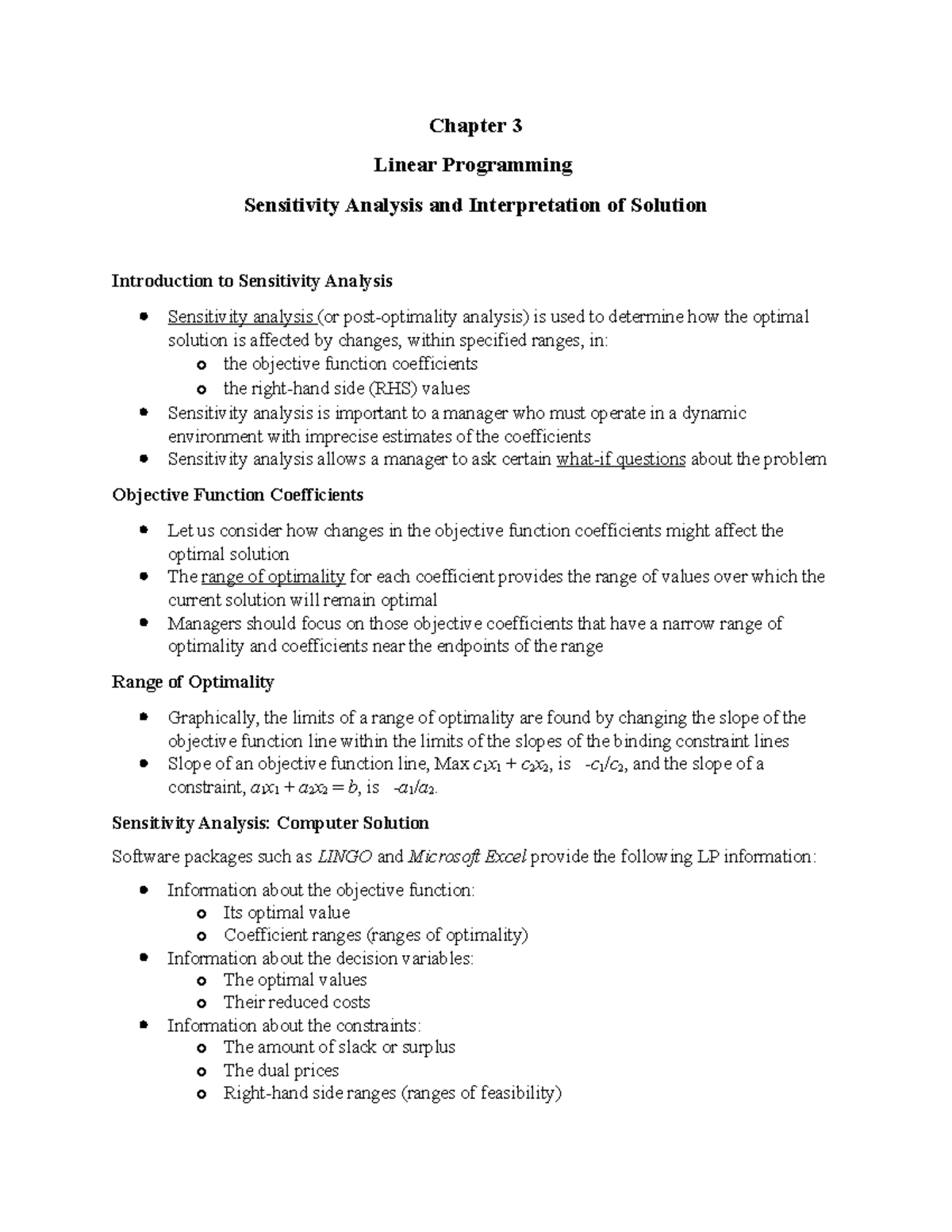 Chapter 3 Sensitivity Analysis and Interpretation of Solution - Chapter ...