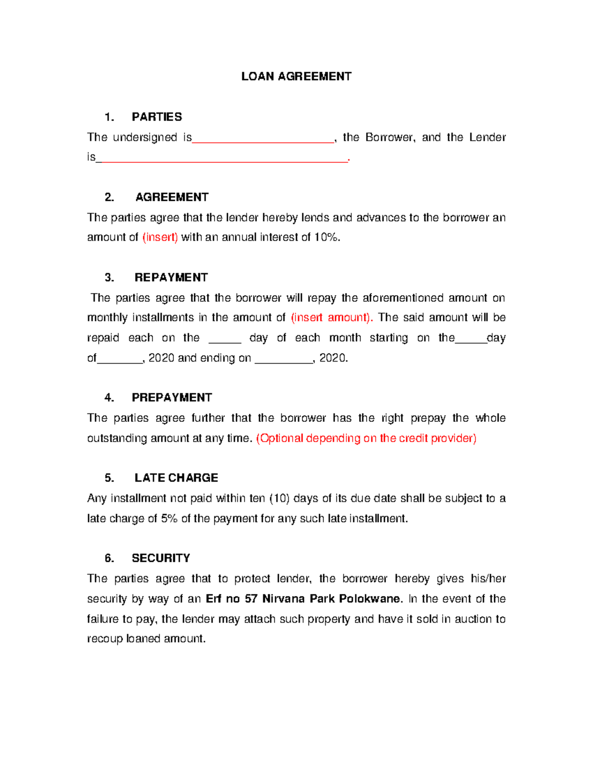 LOAN Agreement - LOAN AGREEMENT 1. PARTIES The undersigned is ...