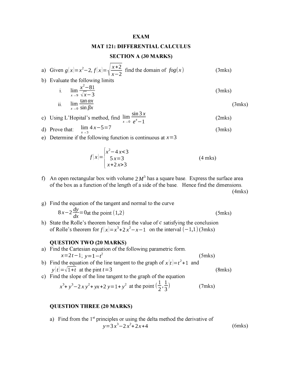 Differential calculus EXAM MAT 121 DIFFERENTIAL CALCULUS SECTION A