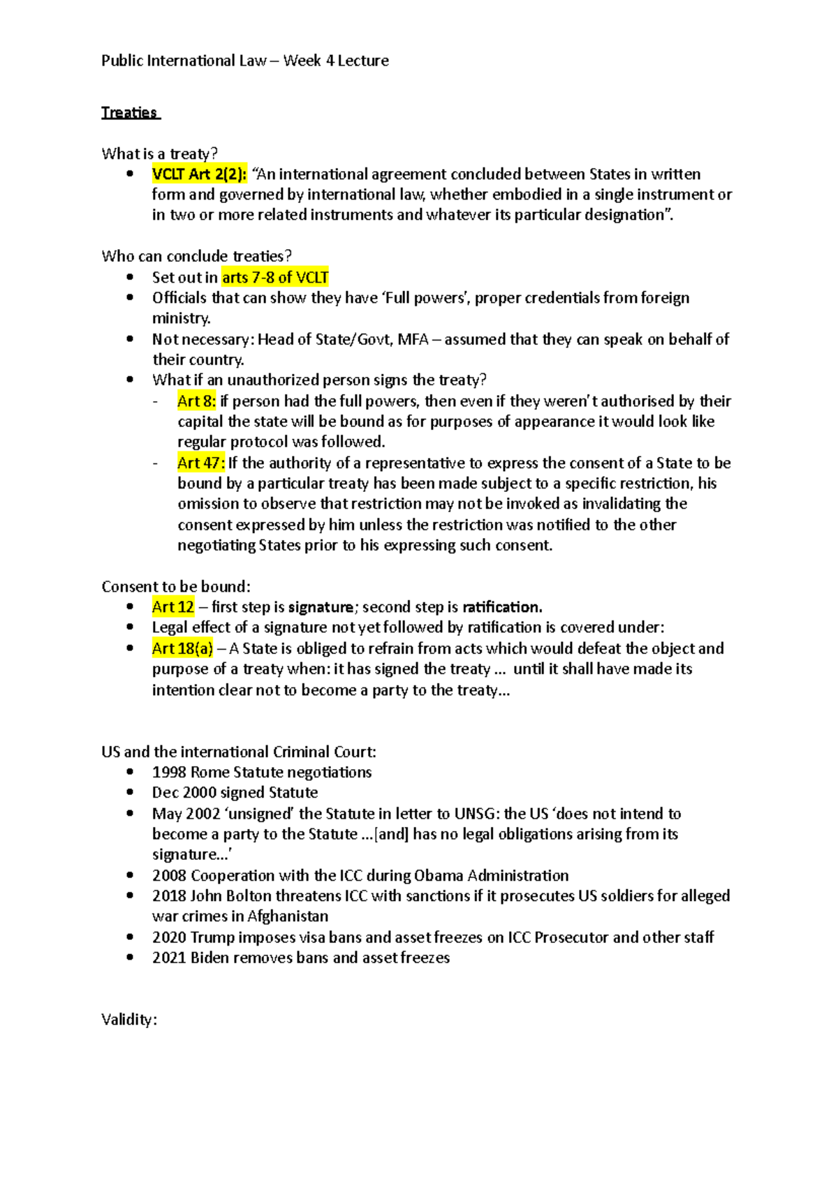 Week 4 - Treaties, Public International Law - Treaties What Is A Treaty ...