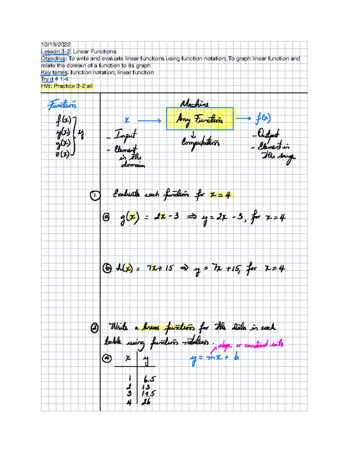Lesson 3-2 Linear Functions - 10/19/ Lesson 3-2: Linear Functions ...