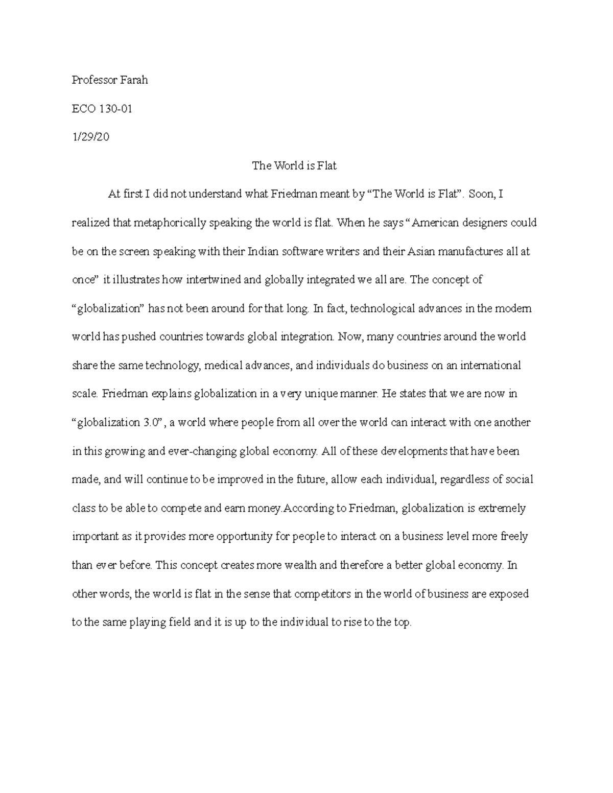 Globalization - Grade: A+ - Professor Farah ECO 130- 1/29/ The World is ...