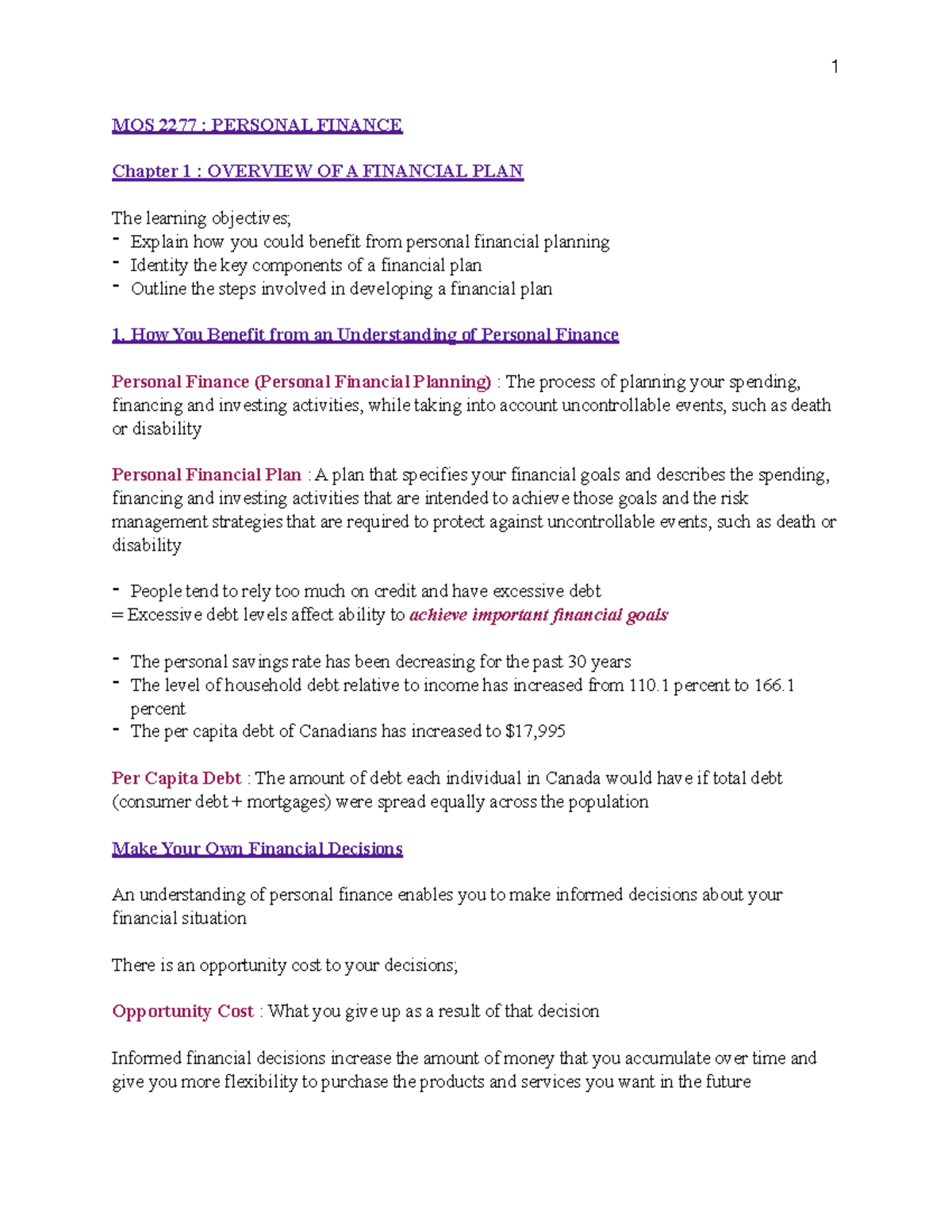 2277 Textbook Notes - MOS 2277 : PERSONAL FINANCE Chapter 1 : OVERVIEW ...